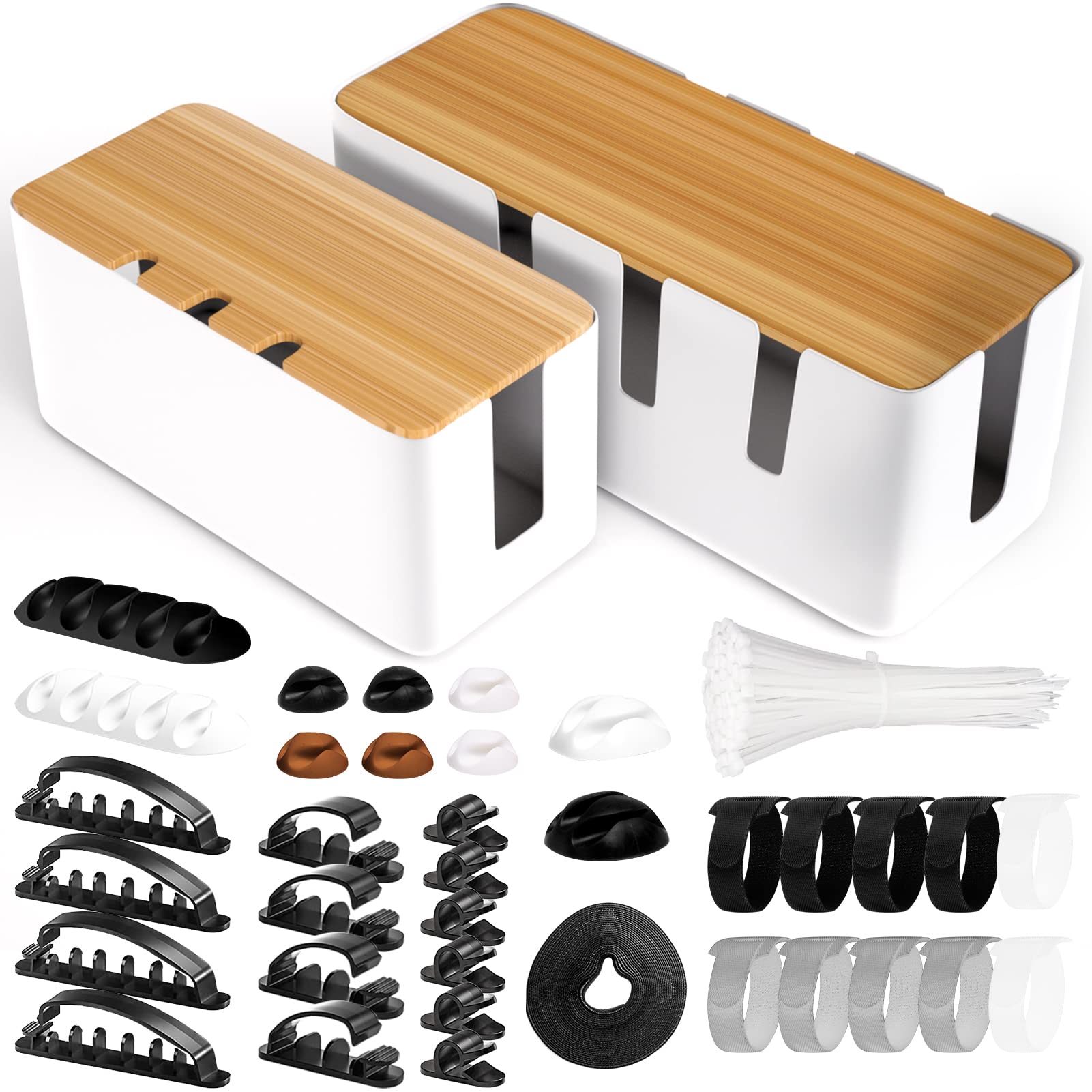 Cable Management Box 2 Pack Cable Organizer Box With 135Pcs Cable Clips Set,Wood Lid,Cord Organizer For Desk,Tv Wires,Computer U