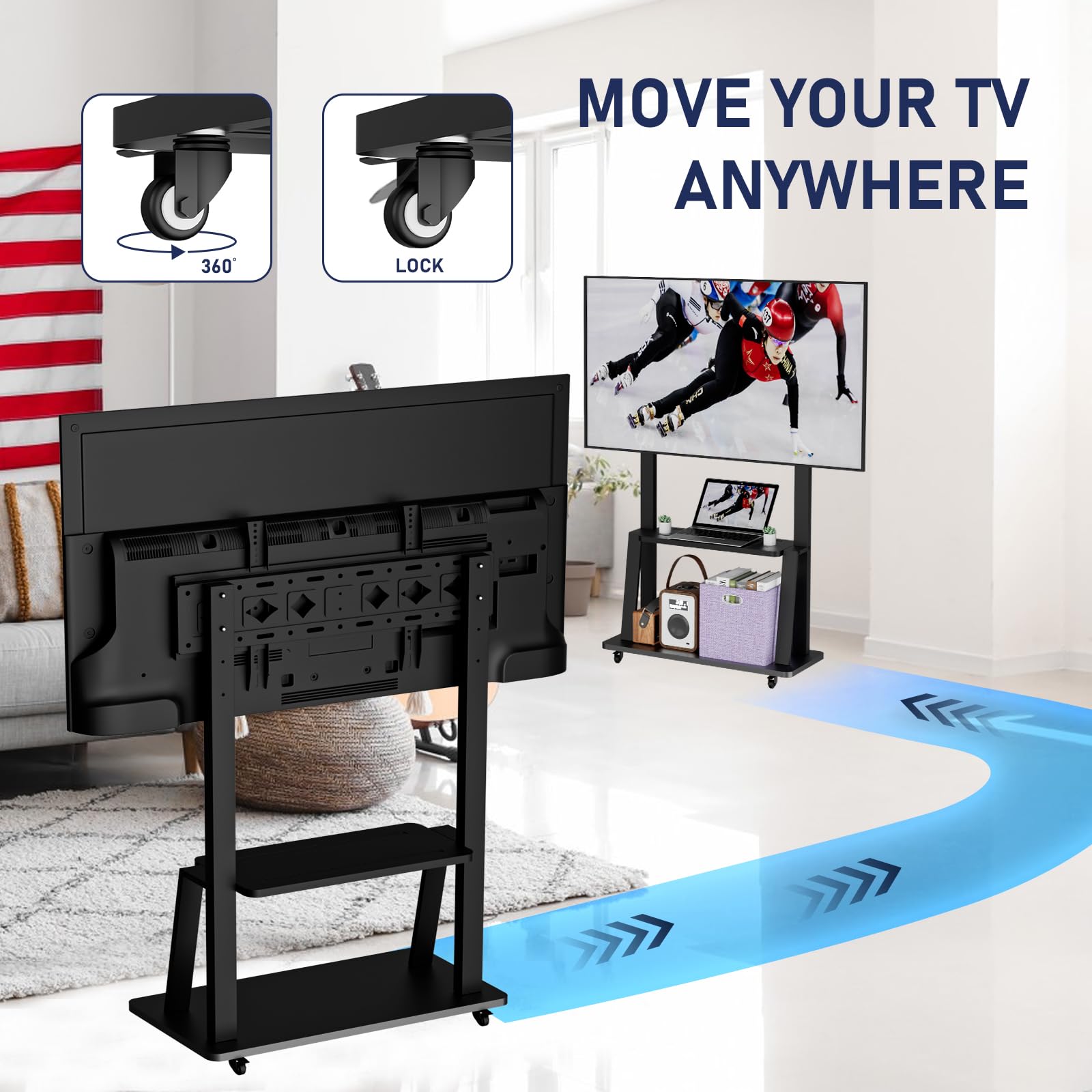 Duiliuu Rolling Tv Stand, Tv Stand With Wheels For 32 75 Inch Tv, Portable Tv Stand With Shelf,Hight Adjustable,15 Adjustable Vi