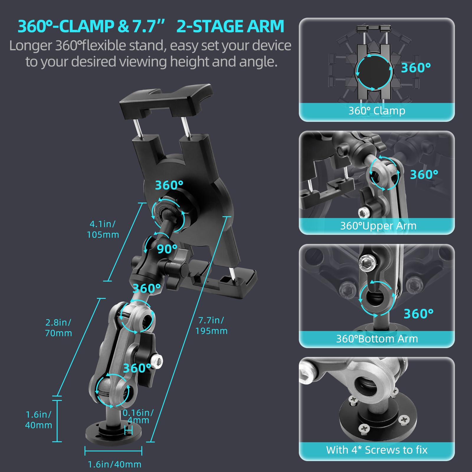 Aluminum Heavy Duty Drill Base Tablet Holder Car Mount Dashboard, 360 Adjustable 2 Stage Stand For 4.7 12.9'' Ipad Pro/Air/Mini/