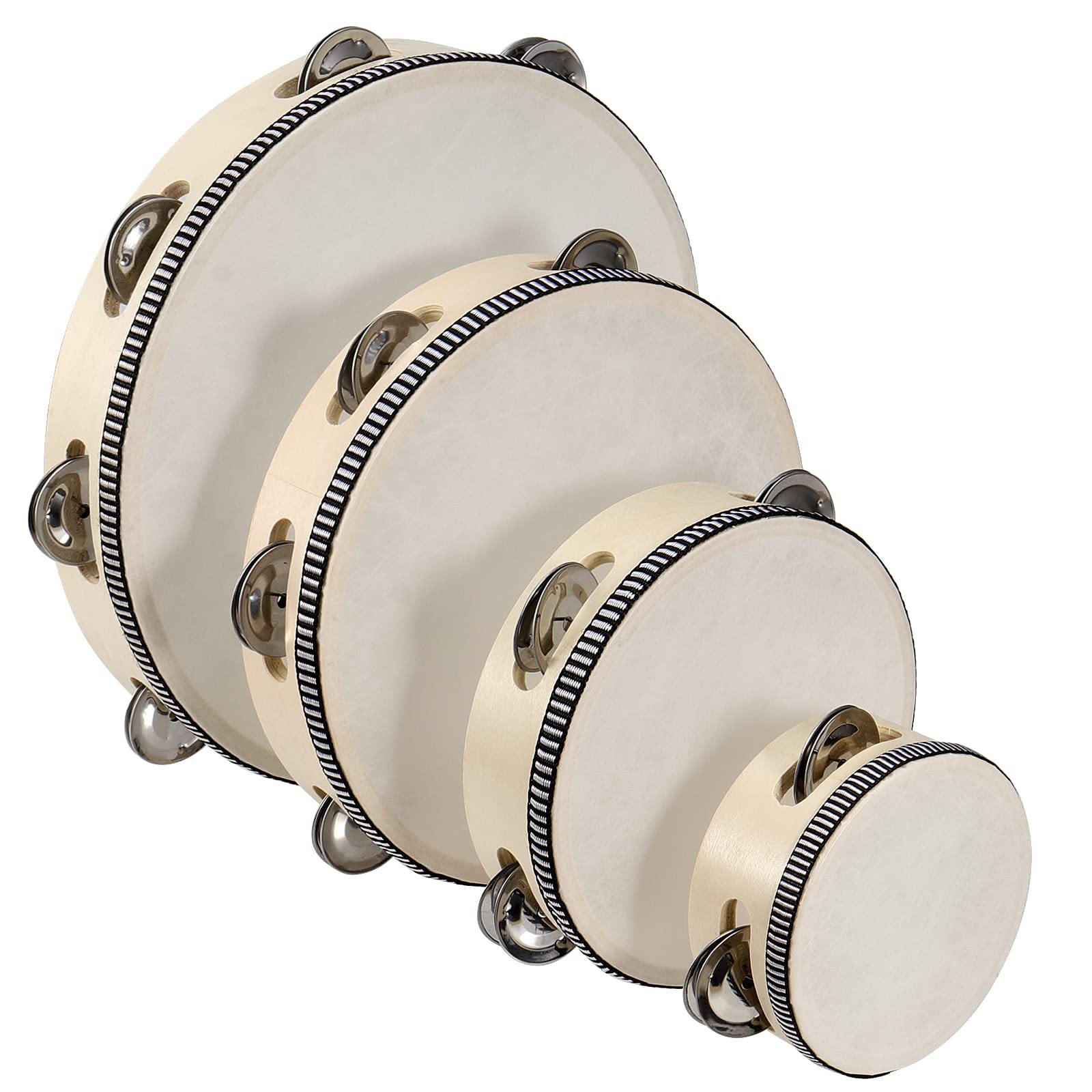 Mahiong 4 Pcs 4'' 6'' 8'' 10'' Wooden Tambourine, Musical Instrument Tambourine Set, Handheld Drum Bell Metal Jingles Single Row