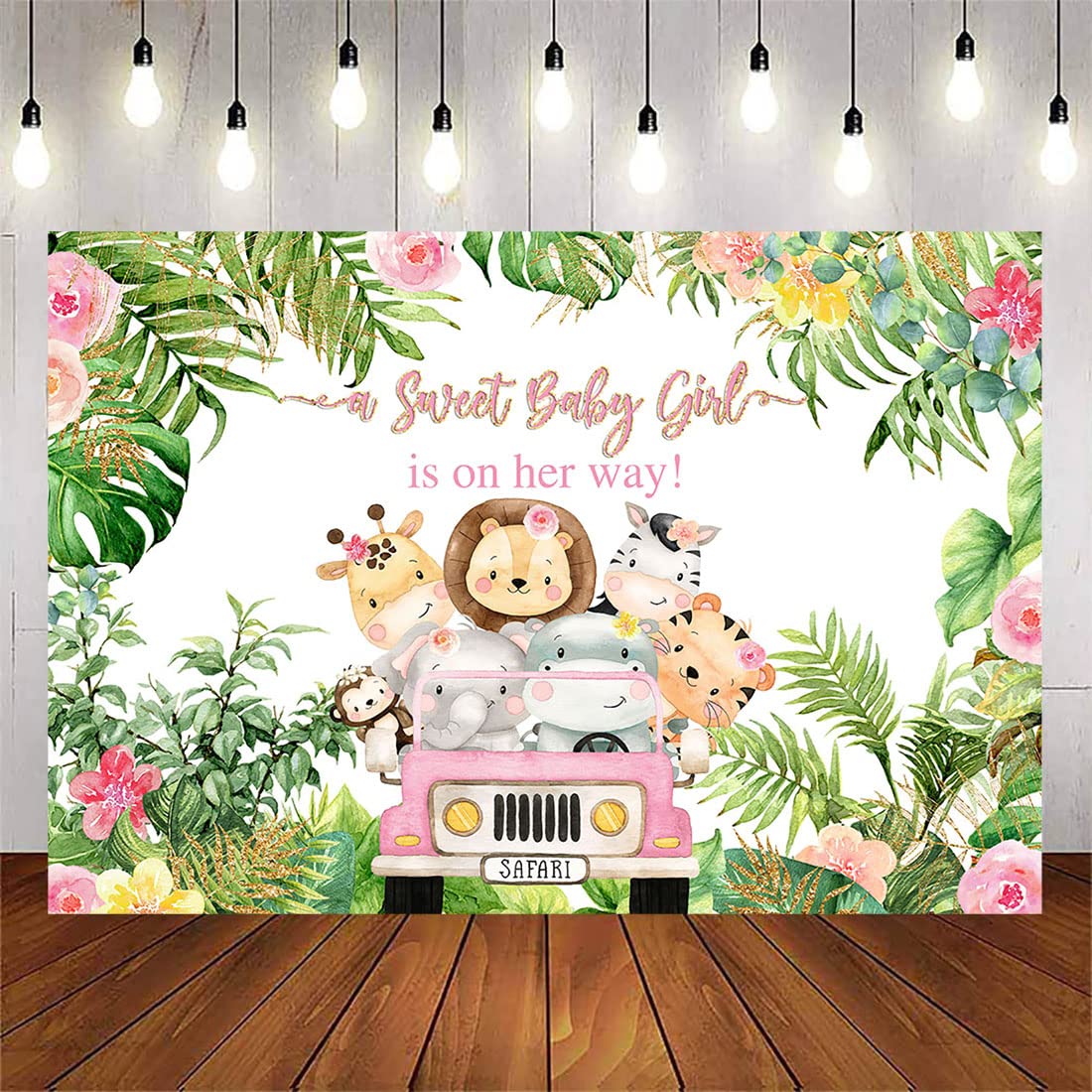 Avezano Pink Safari Baby Shower Backdrop For Girl Jungle Animals Baby Shower Party Background Decorations Tropical Flowers Leave