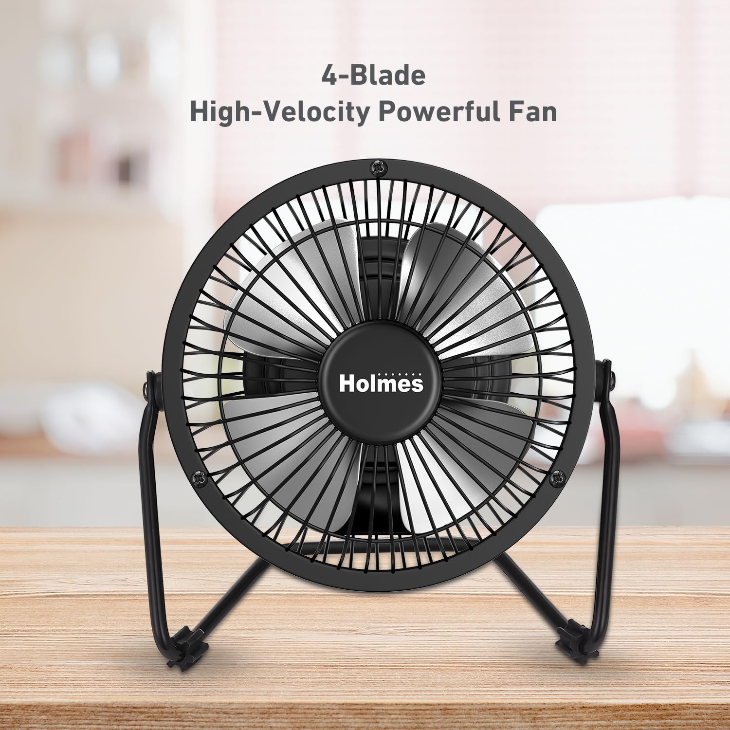 Holmes 4'' Mini High Velocity Personal Desk Fan, 4 Blades, Adjustable 360 Head Tilt, Durable Metal Construction, Single Speed, I