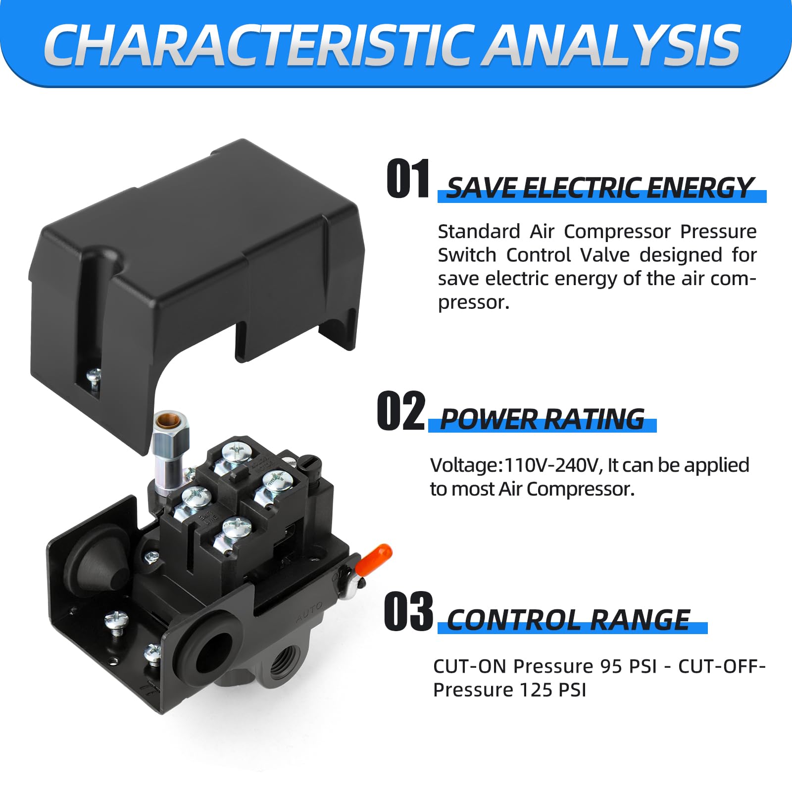 Meanlin Measure Air Compressor Pressure Switch Control Valve 95 125 Psi 110V 240V 4 Way Replacement Parts With Afr2000 Air Line