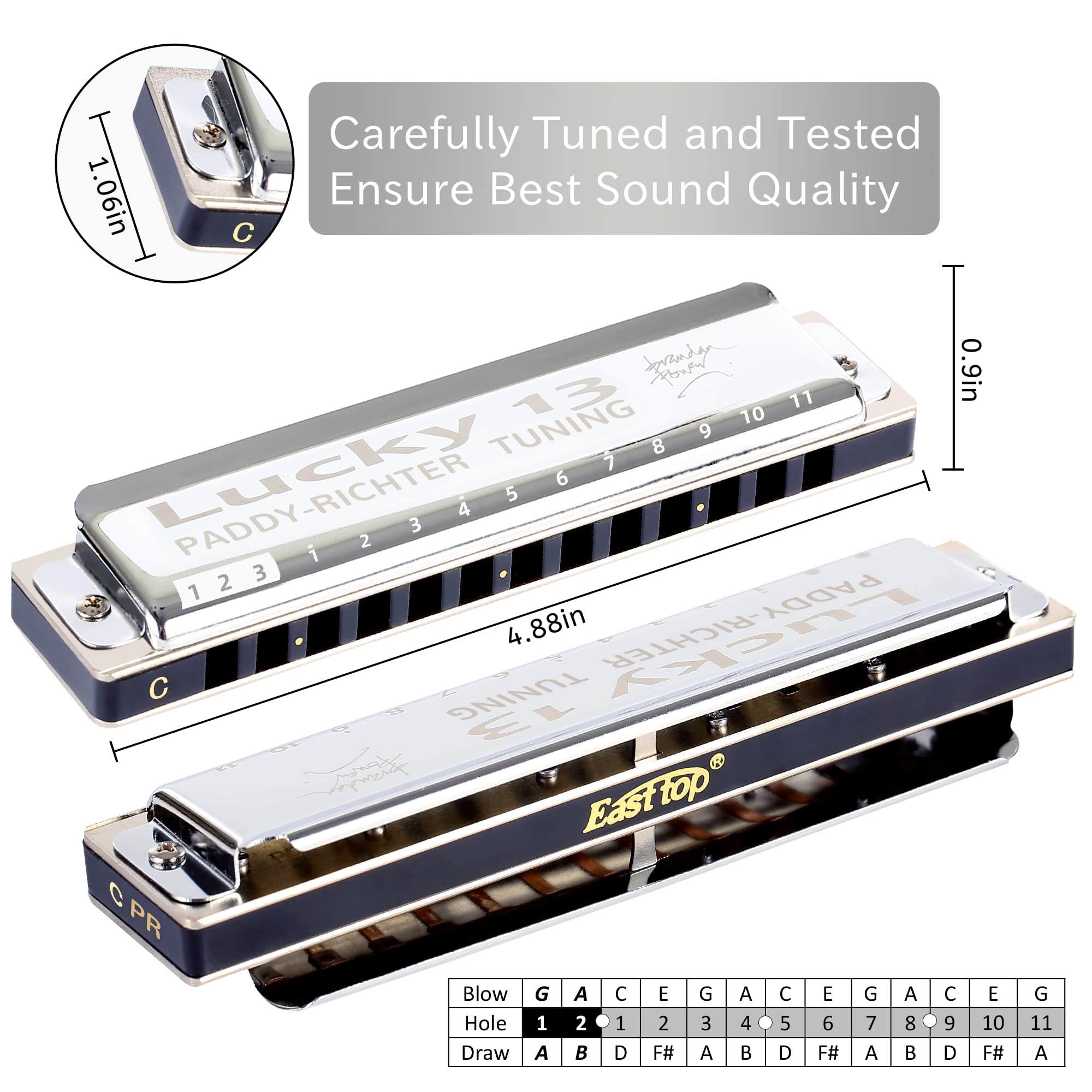 East Top Lucky 13 Bass Plus Blues Harmonica 13 Holes Diatonic Harp Mouth Organ Professional Musical Instruments Paddyrichter C K