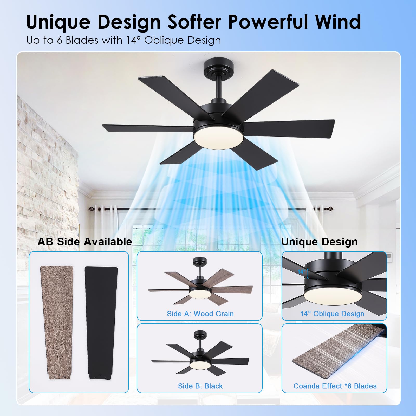 42 Inch Ceiling Fans With Lights, Black Ceiling Fan With Remote App, Dual Sided Modern/Rustic 6 Blades, Reversible, 3Cct, Sloped