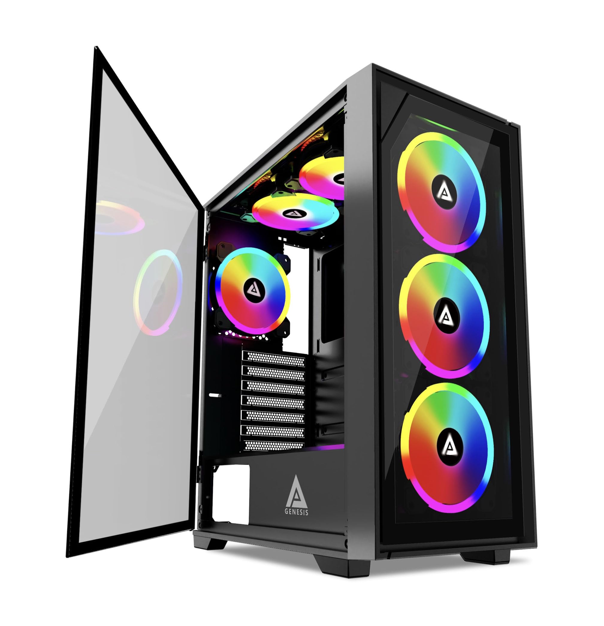 Apevia Genesis Pro G Pro Bk Mid Tower Gaming Case With 2 X Tempered Glass Panel, Top Usb3.0/Usb2.0/Audio Ports, 6 X Rgb Fans, Bl