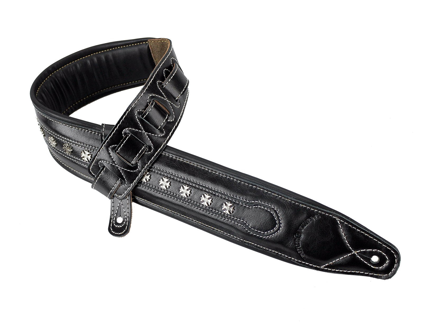 Walker & Williams C 35 Blk Smooth Texture Premium Black Full Grain Leather Soft Padded Guitar Strap With Metal Crosses For Acous