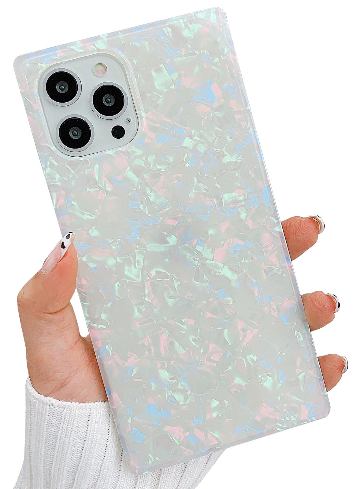 Kerzzil Luxury Square Compatible With Iphone 12 Pro Max Case, Slim Coloful Sparkle Glitter Mother Of Pearl Pattern Translucent S