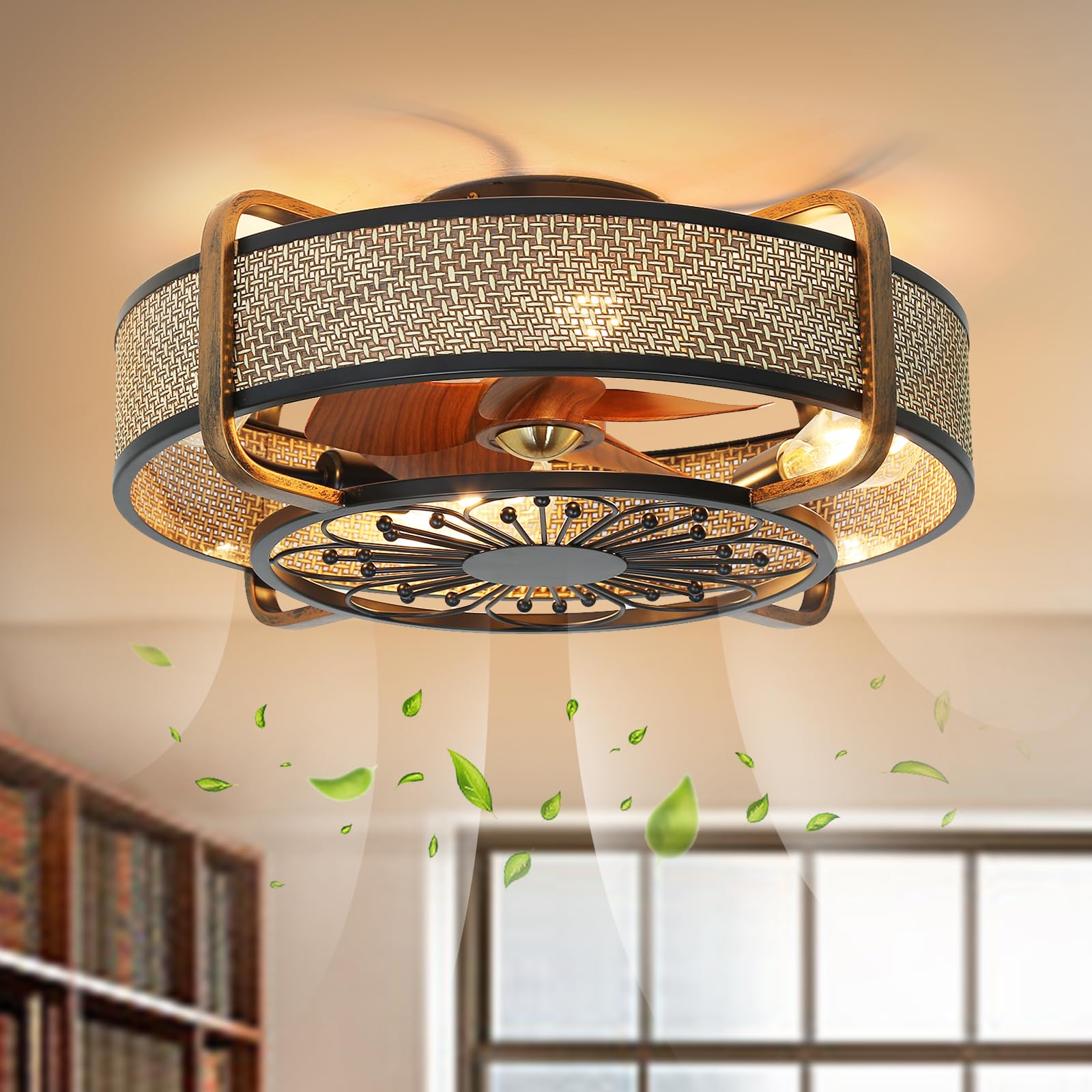 Caged Ceiling Fan with Light Flush Mount Fandelier Ceiling Fan with Light and Remote Reversible 6 Speeds Motor Dia.21 Rattan Low