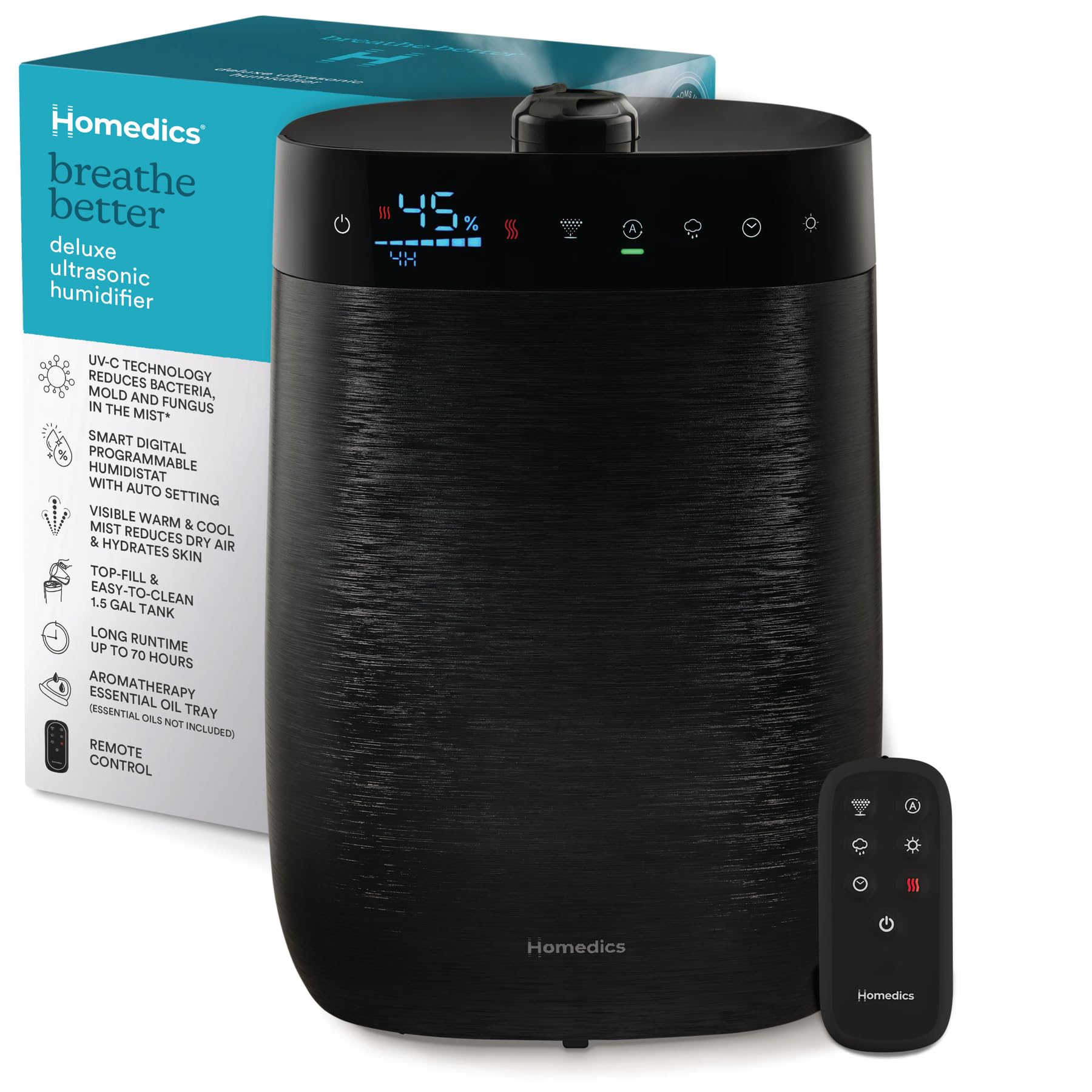 Homedics Deluxe Ultrasonic Humidifier For Large Rooms, Warm Or Cool Mist, Uv C Technology, 1.5 Gallon Top Fill Tank, Smart Digit