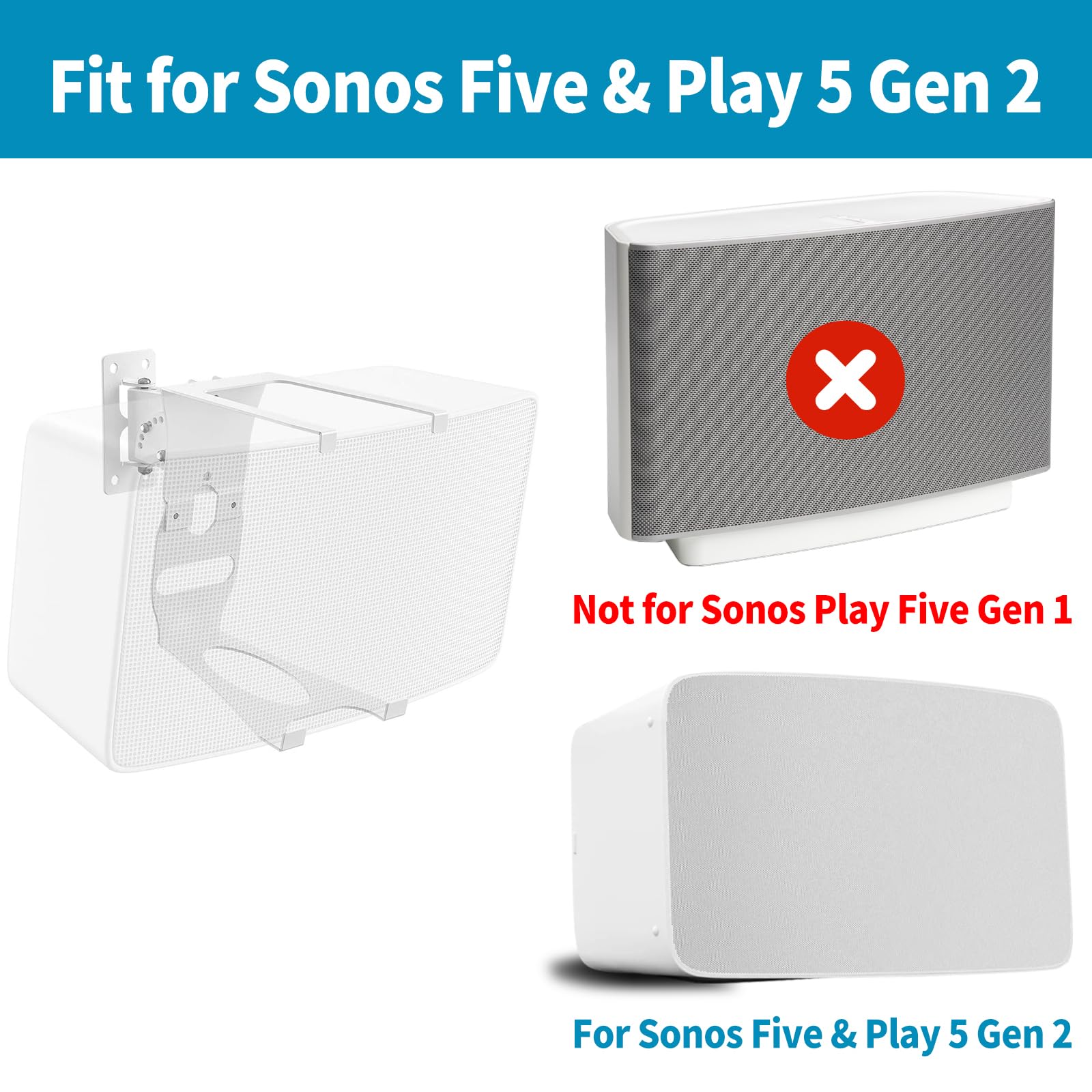 Speaker Wall Mount For Sonos Five & Play 5 Gen 2 Speaker Mount, Tilt & Swivel Adjustable Bracket For Sonos Play:5 And Sonos Five
