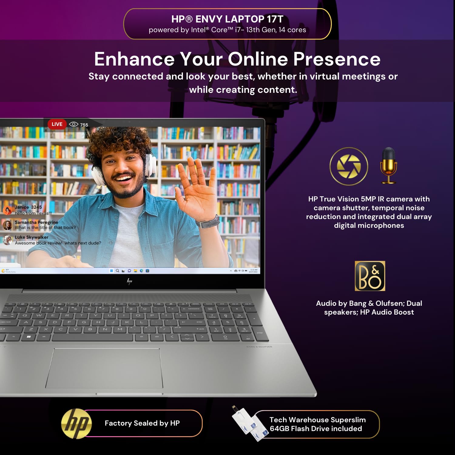 Hp Envy 17T Laptop, Intel Core Ultra 7 155H (Up To 4.8 Ghz, 16 Cores, 22 Threads), Intel Arc Graphics 32Gb Ram, 1 Tb Nvme Ssd, 1