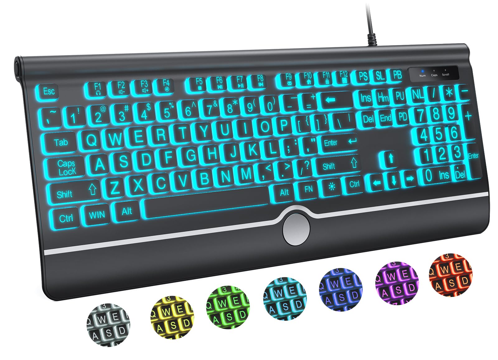 Kopjippom Computer Wired Keyboard, Large Print Backlit Keyboard With Wrist Rest, 7 Colors Backlit, Plug And Play, Foldable Stand