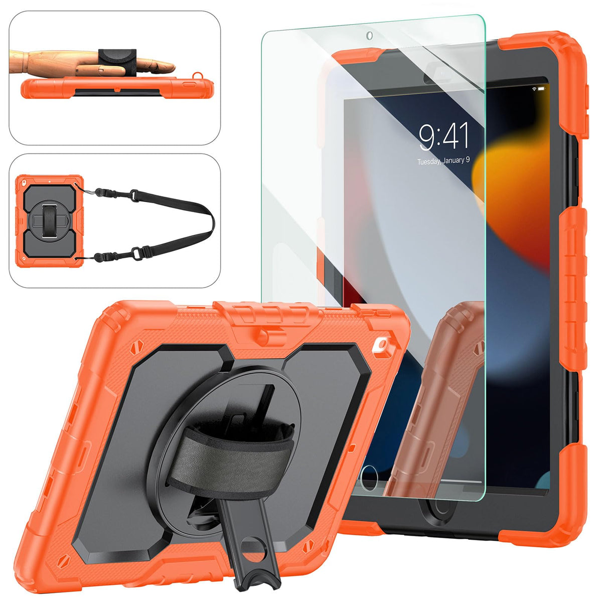 Ipad 9Th/8Th/7Th Generation Case, Ipad 10.2 Case 2021/2020/2019, [Kids Proof] Ambison Full Body Protective Case With 9H Tempered Glass Screen Protector, Rotatable Kickstand/Hand Strap (Orange & Black)