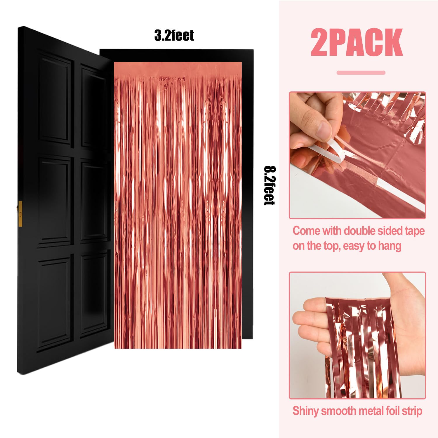 Uscnc 2 Pack 3.2Ft X 8.2Ft Rose Gold Foil Fringe Curtains Party Photo Backdrop Party Streamers For Birthday,Graduation,New Year