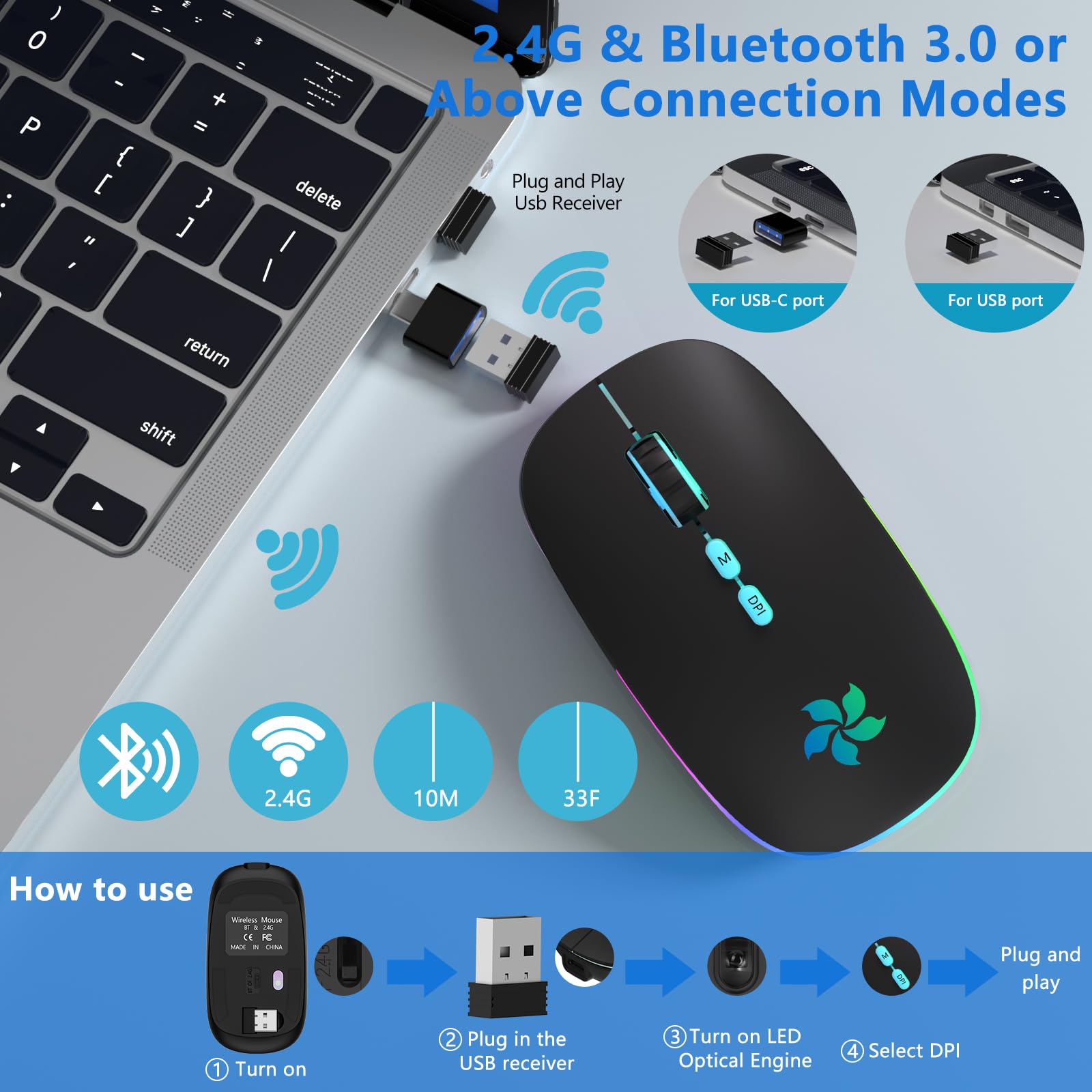 Karfun Wireless Mouse, Bluetooth Mouse & 2.4Ghz Two Mode Wireless Mouse, 7 Color Breathing Lights Computer Mouse For Laptop/Macb