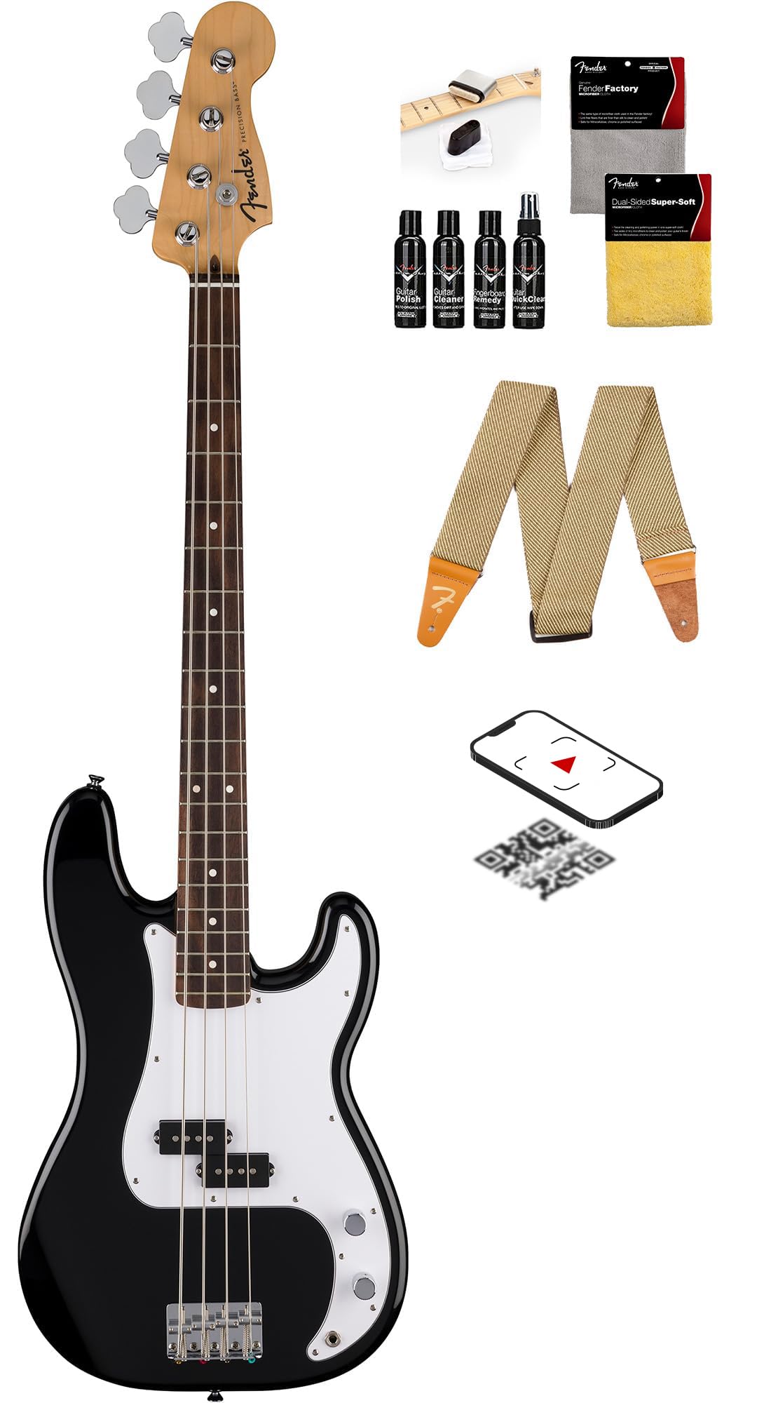 Fender Standard Precision Bass - Black Bundle with Strap, Guitar Cleaning Kit, and Austin Bazaar Instructional Video