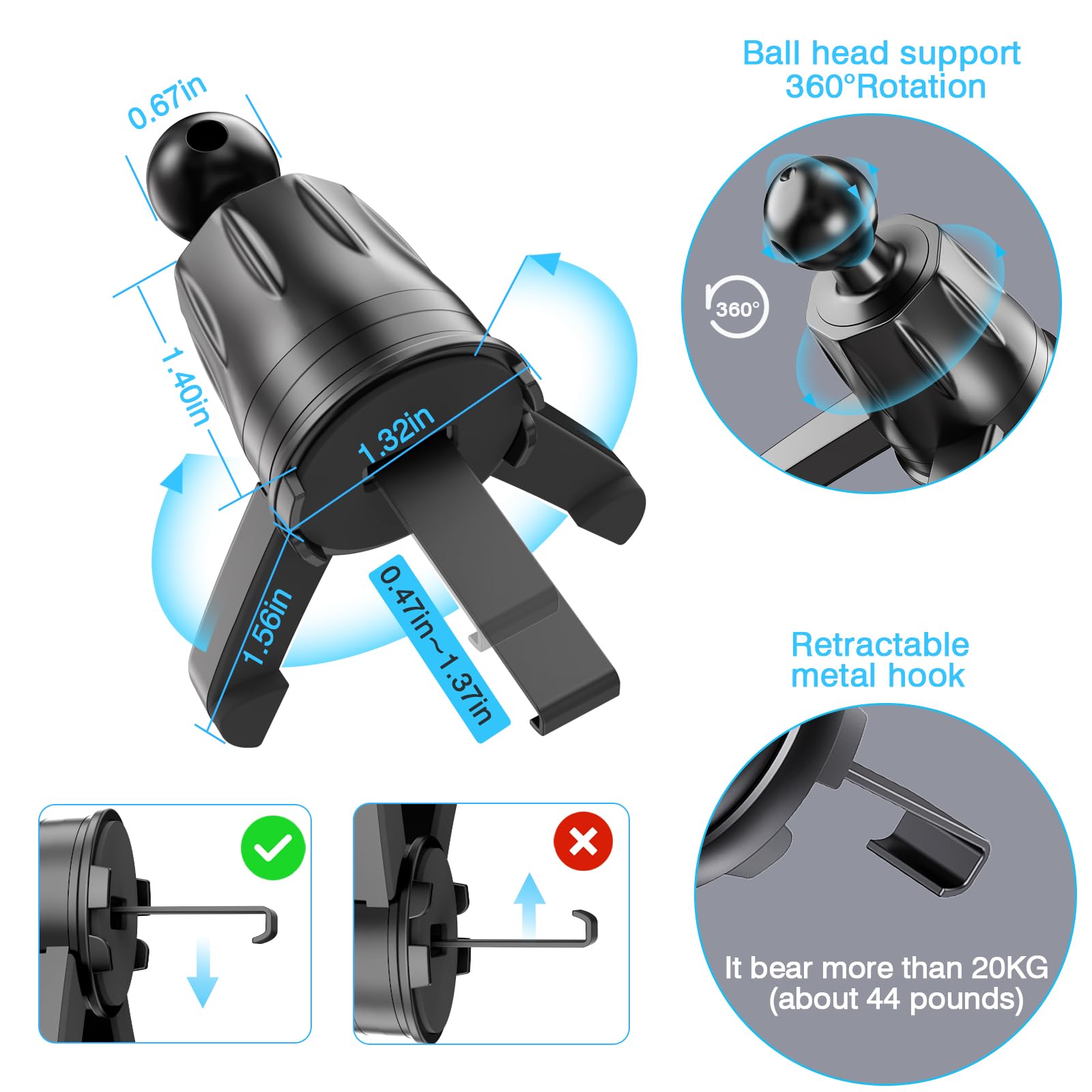 Dafama Air Vent Clip For Car Mount Replacement,Adjustable Triangular Fixing Foot And Metal Hook,Universal Vent Grip For Car Phon