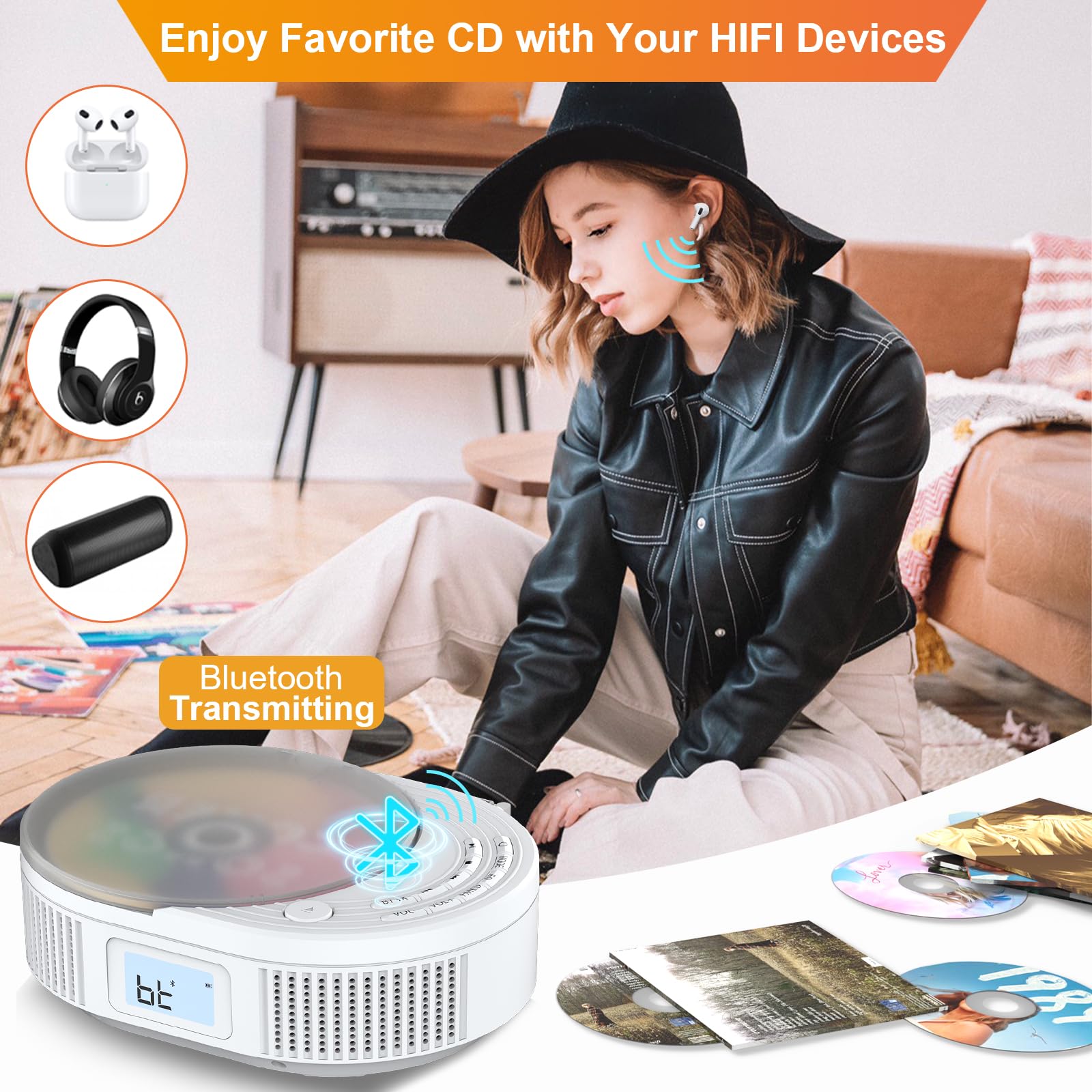Cd Player Portable,Monodeal Boombox Cd Player With Bluetooth Transmitter,Fm Radio & Bluetooth Speaker 2 In 1 Combo,Portable Cd Player For Car/Home With Remote Control,Headphone Jack,Support Aux/Usb
