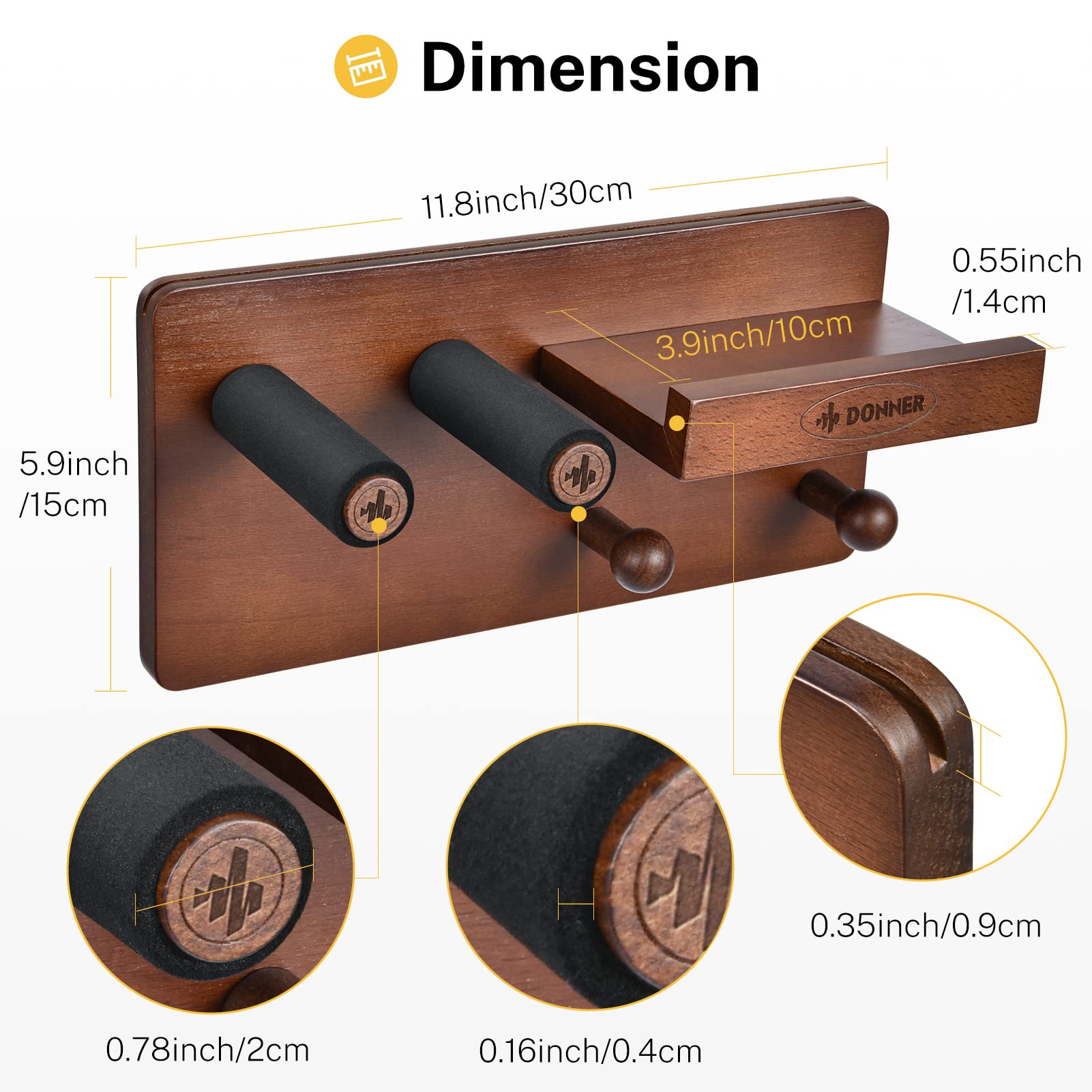 Donner Guitar Wall Mount Shelf, Guitar Wall Hanger With Pick Holder And 2 Hooks, Wood Guitar Rack For Acoustic, Electric, Bass,