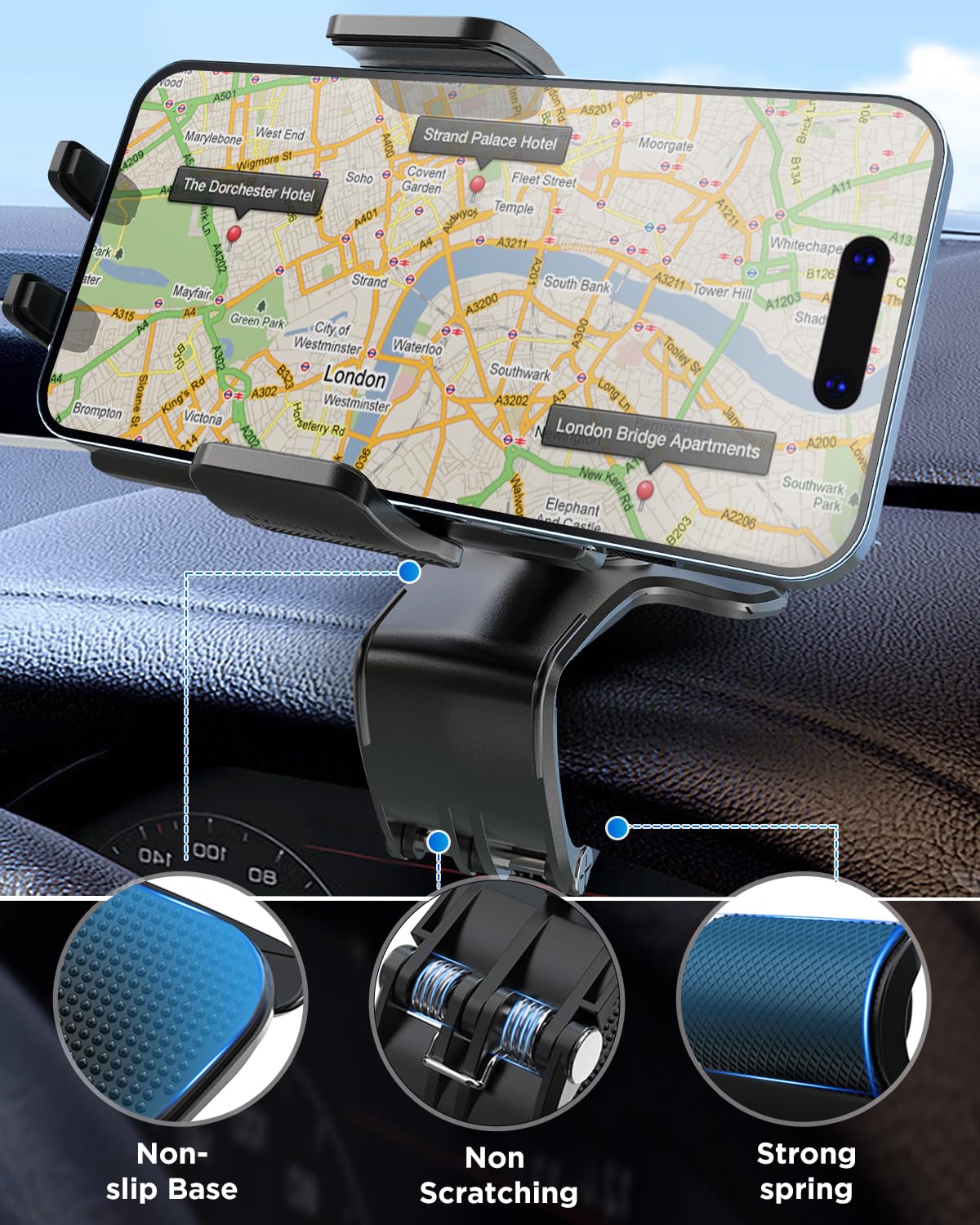 Ipow Car Dashboard Phone Clip Holder, 360 Degrees Rotation Dash Steering Wheel Phone Clamp Mount Compatible With Iphone 15 14 13