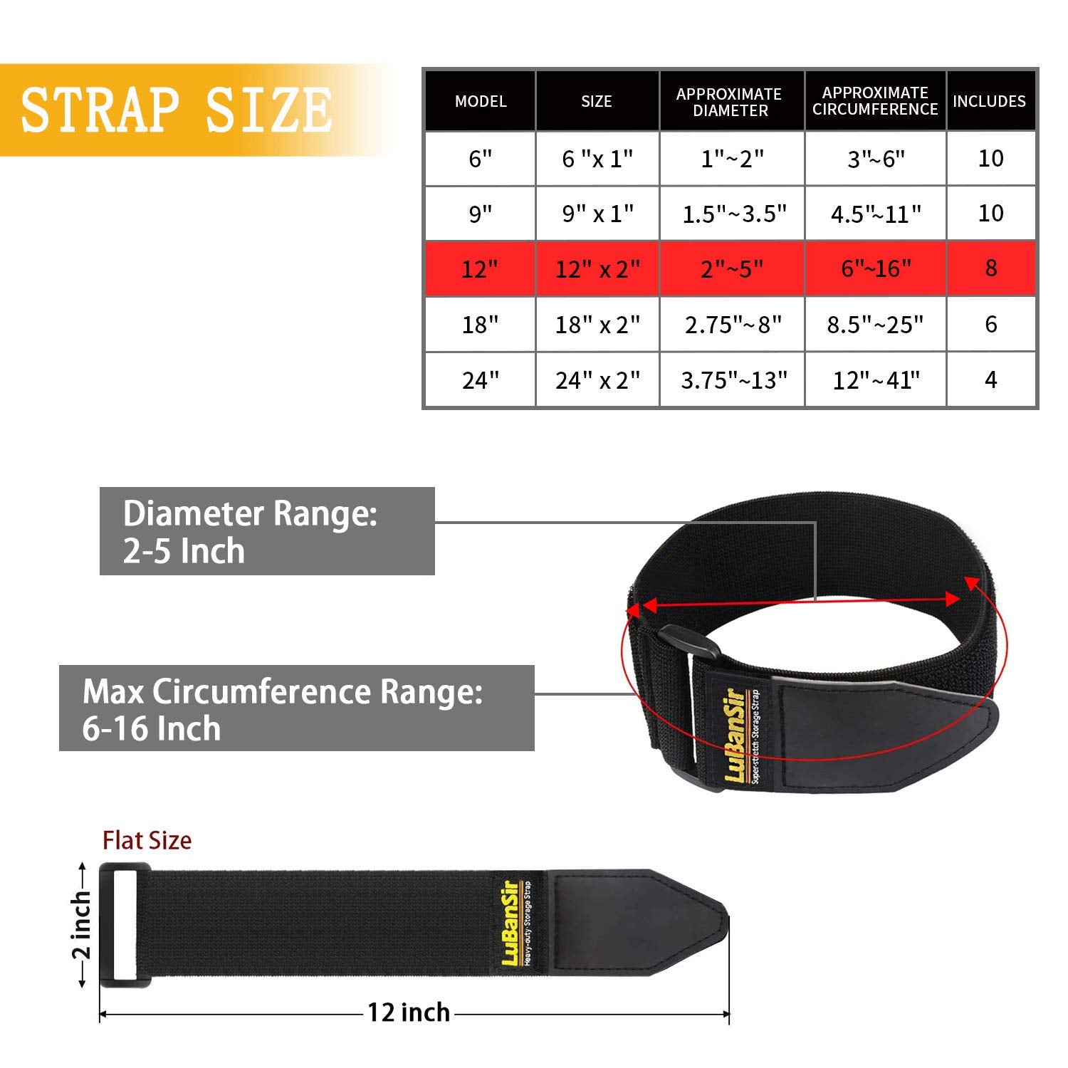 Lubansir Cinch Straps, 2'' X 12'' (8 Pack) Elastic Hook And Loop Storage Strap For Extension Cord, Cable, Cord Wrap, Rope And Ho