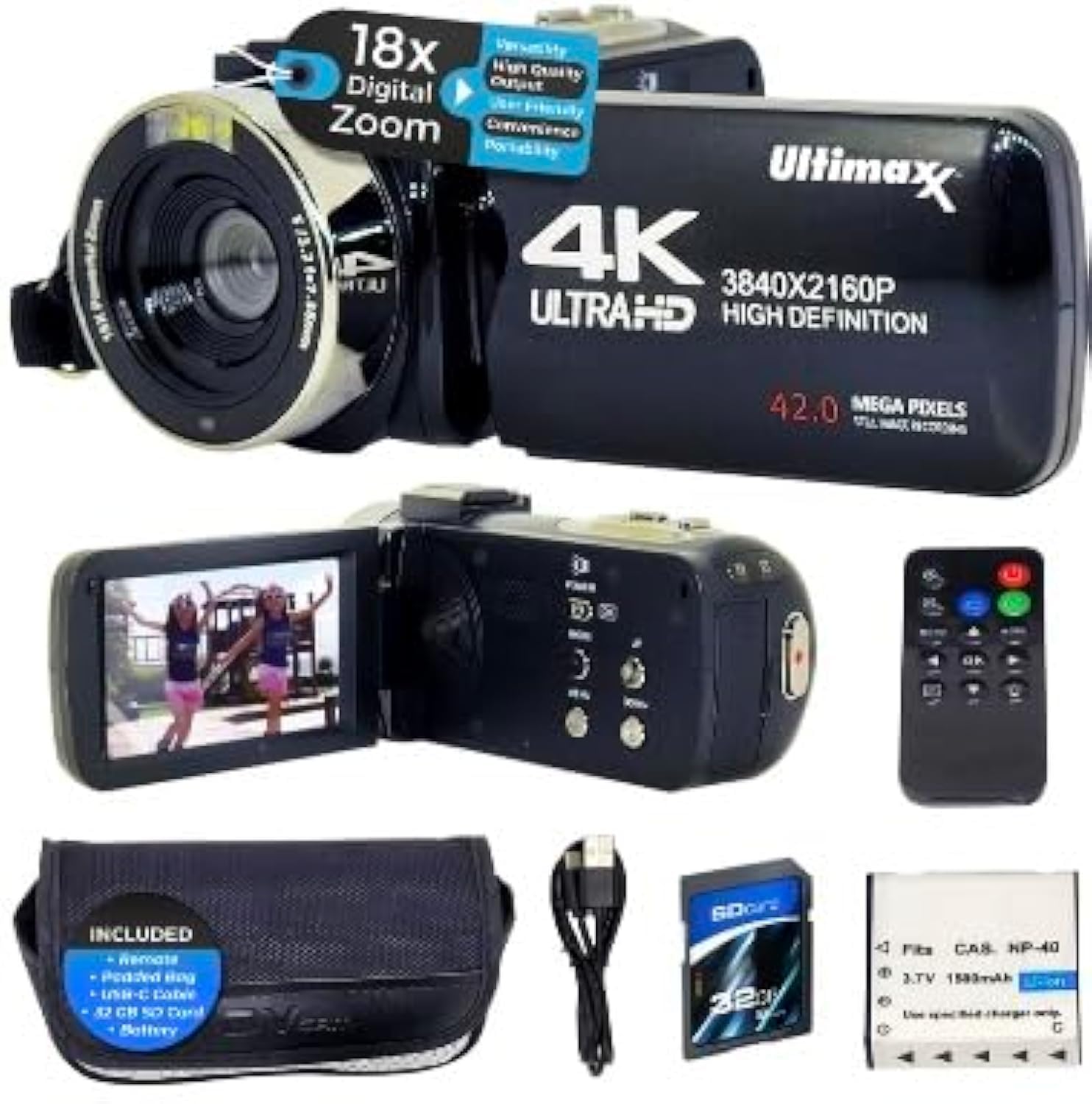 Ultimaxx 4K Camera Camcorder 42Mp Video Recorder Camera Support Vlogging Youtube Tiktok Digital Camcorder With 3' Lcd Screen,18X Digital Zoom For Adults Kids Teens Beginners