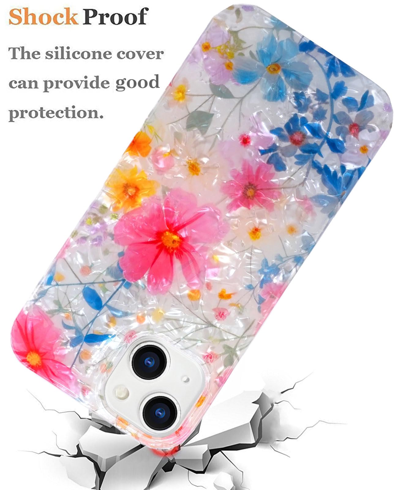 J.West Compatible For Iphone 13 Case For Women, Cute Sparkle Floral Print Girly Design Kawaii Pink Flowers Pattern For Girls Tee