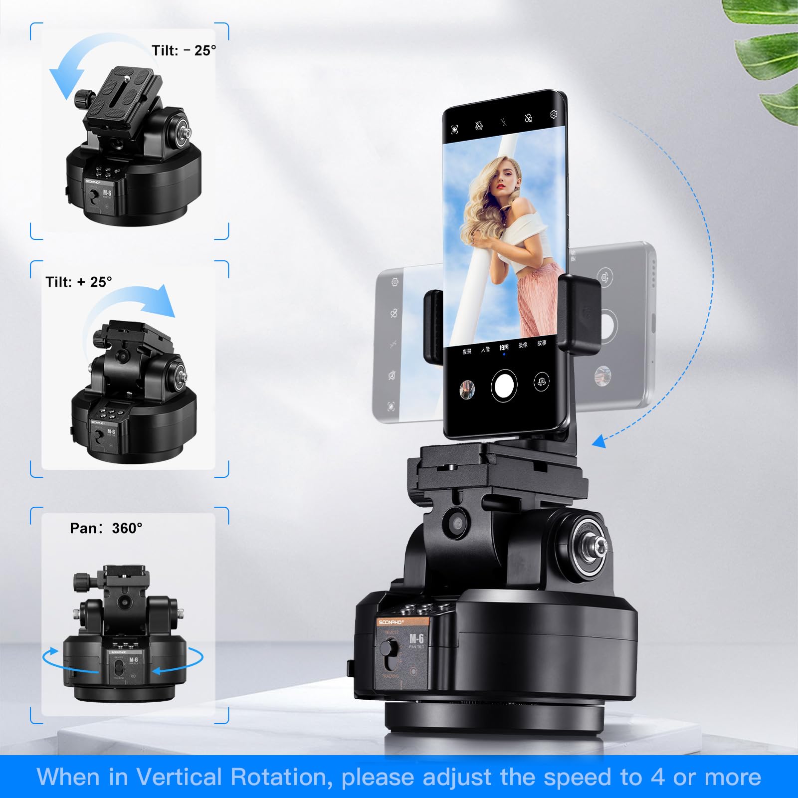 Soonpho M6 Auto Face Tracking Motorized Rotating Panoramic Tripod Head, Remote Control 360� Pan Tilt Head With Mobile Phone Clip For Dslr Cameras, Camcorders, Smartphones, Tripod