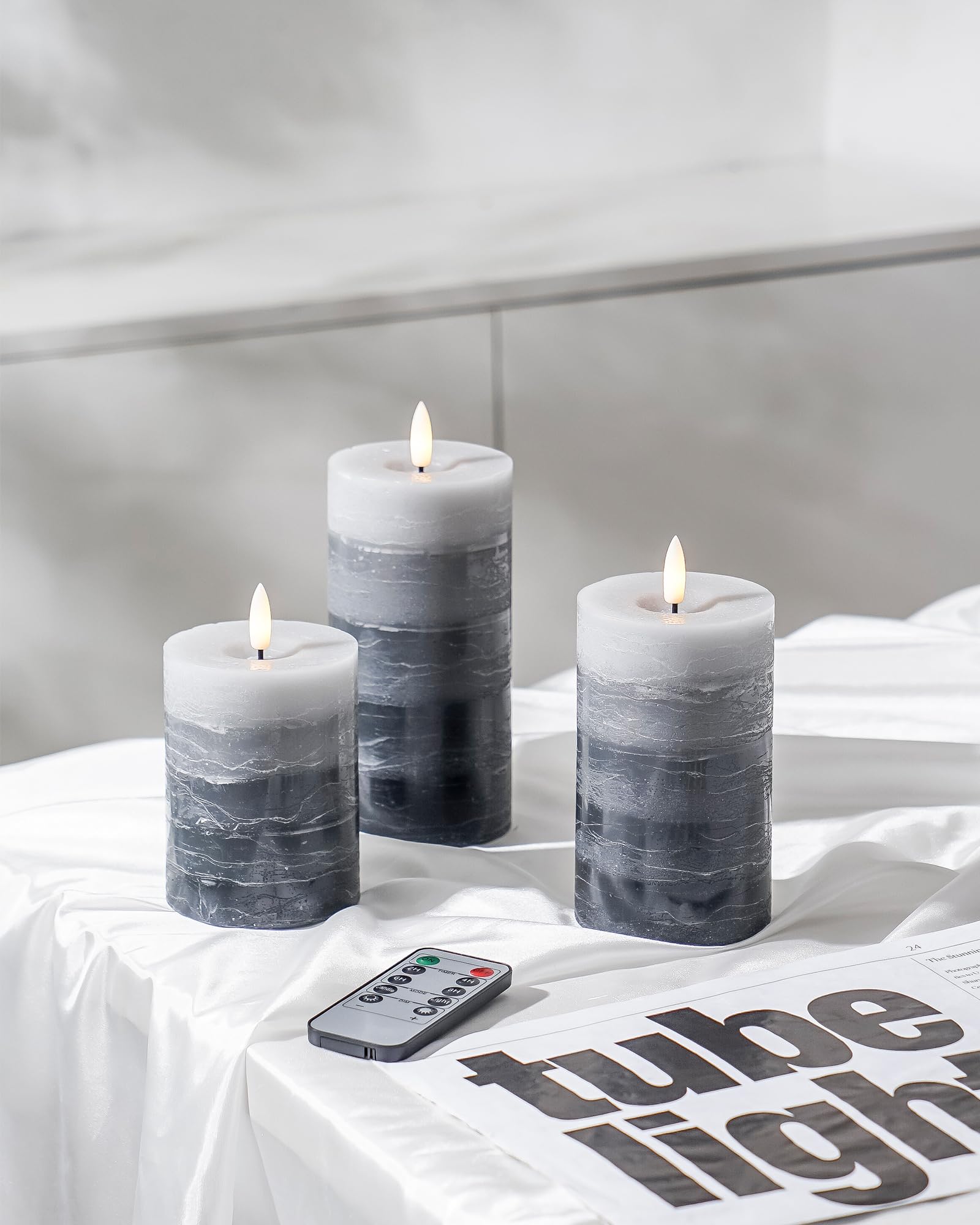Stmarry Distressed Gradient Gray Flameless Candles With Remote And Timer, Real Wax Made Led Pillar Candles Battery Operated With