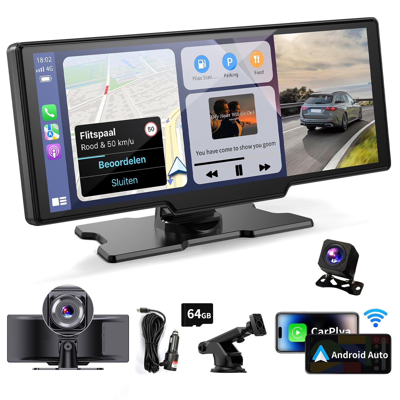 Wireless Portable Carplay Screen for Car - 10.26Inch Carplay & Android Auto Car Touch Stereo, with 4K Dash Cam, Backup Camera,Bl