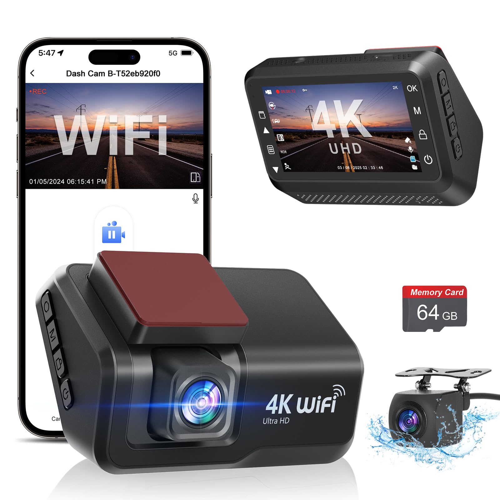 Dash Cam Front And Rear Camera, 4K+1080P Wifi Dual Dash Cam With App, 3 Ips Dash Camera For Cars With Free 64Gb Card, Otovoda Da