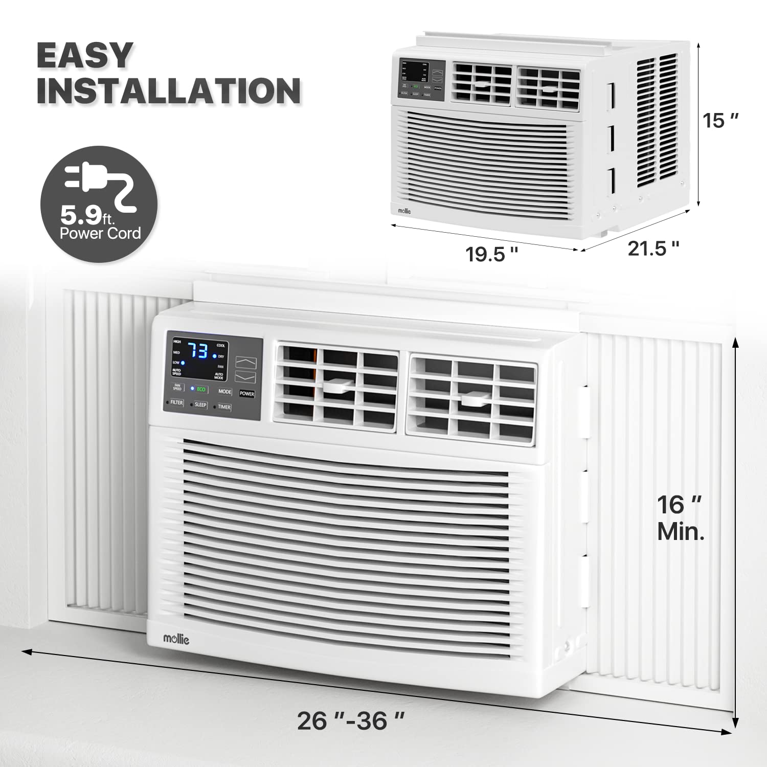 Mollie 12000 Btu Window Mounted Room Air Conditioner, Powerful Indoor Ac With Multi Speed Mode, Programmable Timer, Cool Up To 4