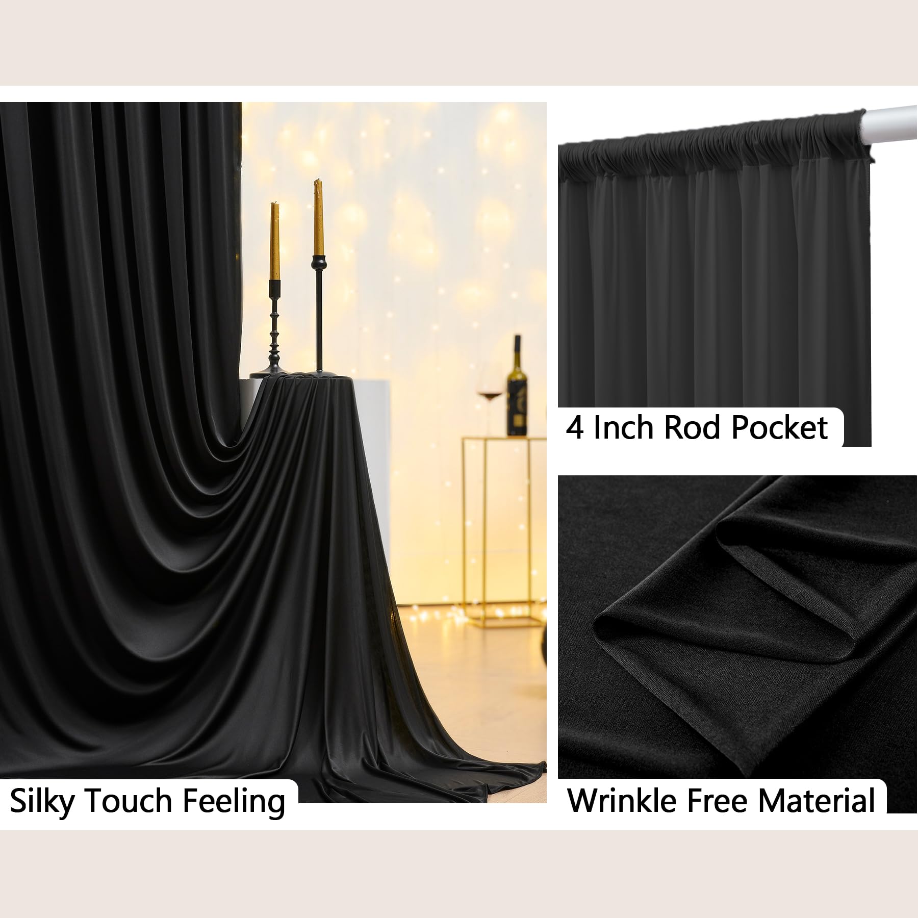 10 Ft X 30 Ft Wrinkle Free Black Backdrop Curtain For Parties, 6 Panels Polyester Black Photo Backdrop Drapes For Graduation Bir