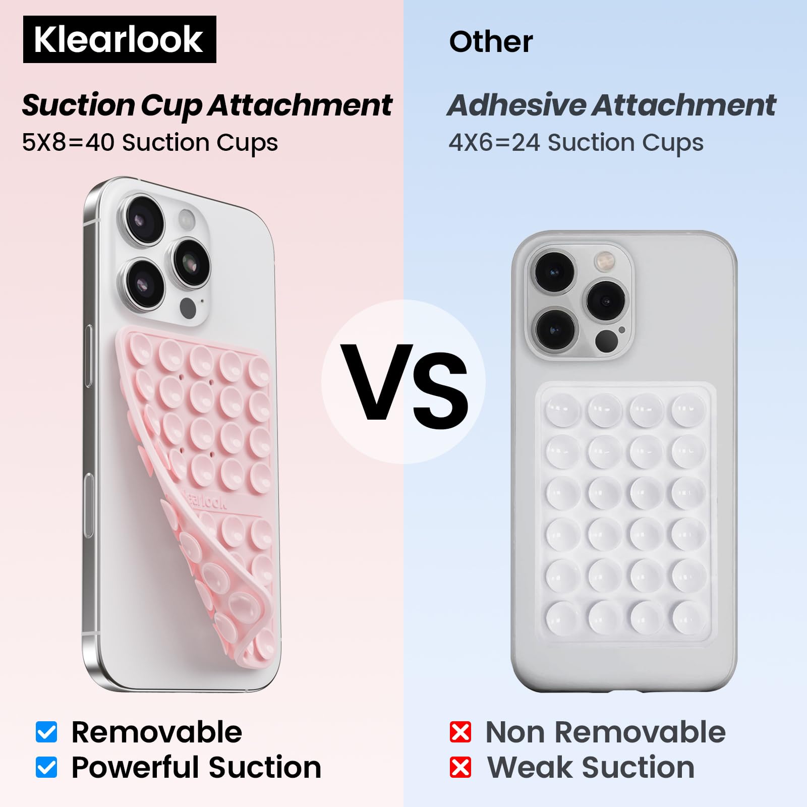 Klearlook Silicone Double-Sided Suction Cup Phone Case, Light Pink - Detachable Mount & Sticky Grip for iPhone, Perfect for Selfies & Videos