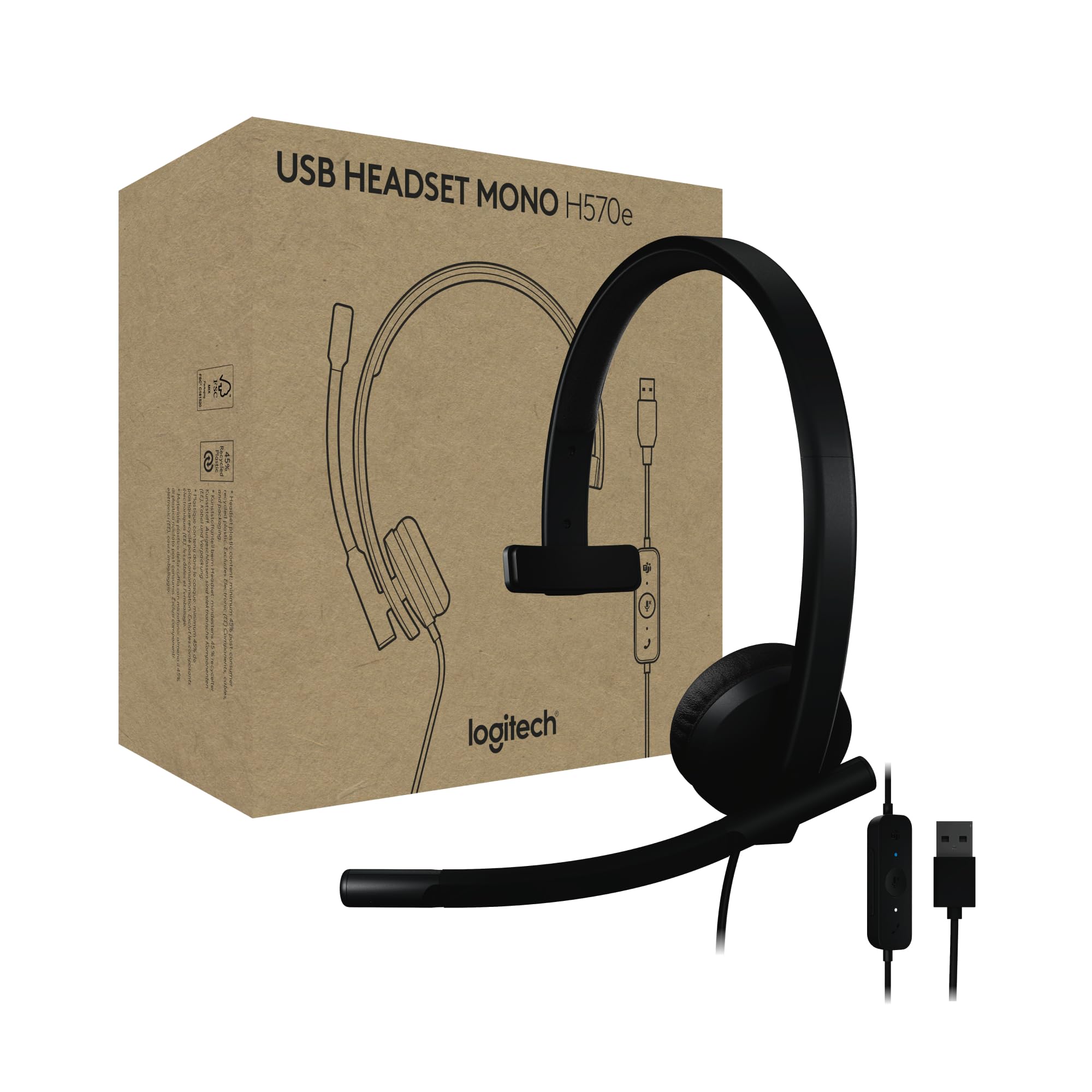 Logitech H570E Usb Headset With Microphone For Pc And Mac, Usb-A Wired Headset With Mono Sound, Noise-Canceling Mics And Inline 