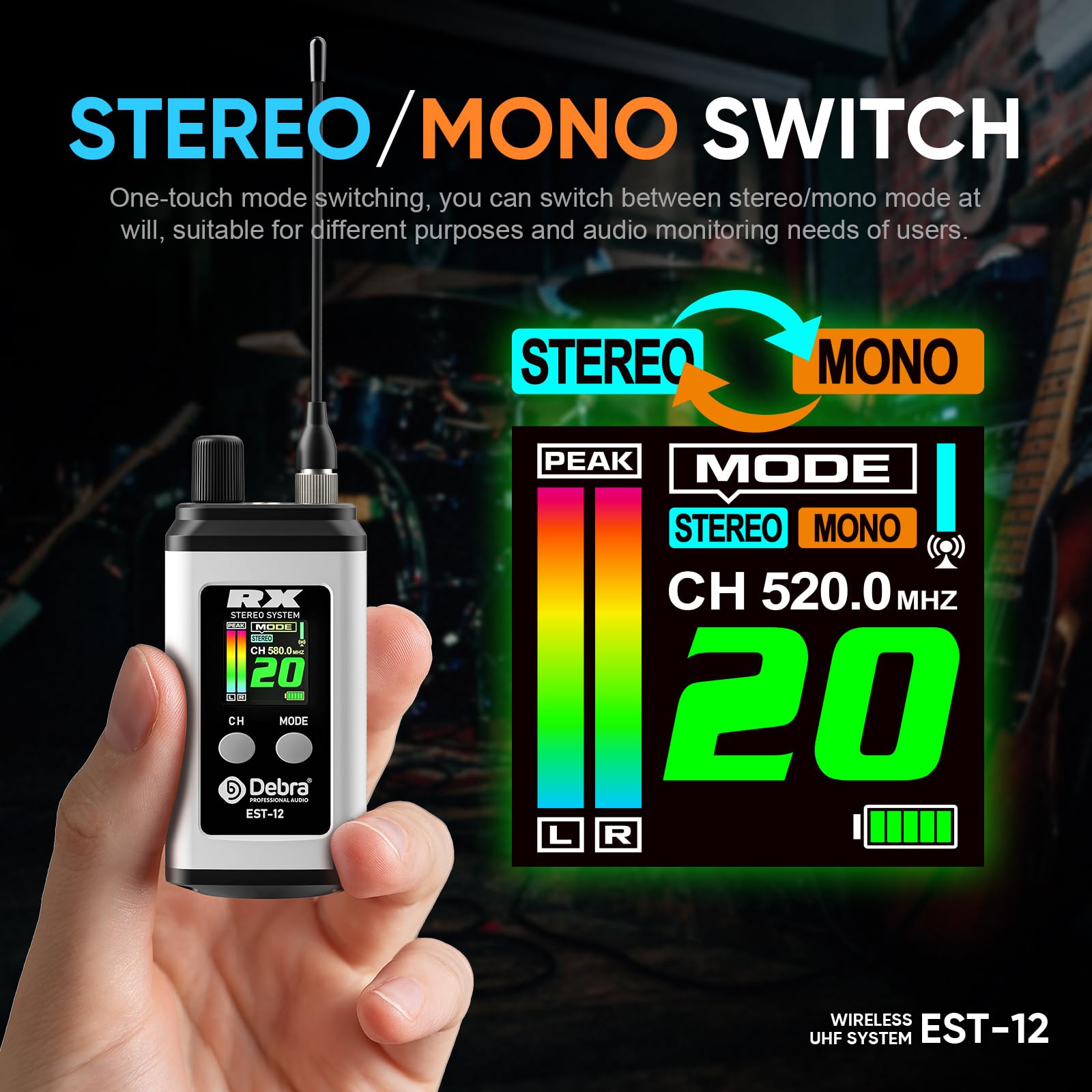 Debra Est-12 Pro Uhf Stereo Wireless In Ear Monitor, Wireless Iem, Portable Rechargeable Monitoring System 20 Adjustable Channel