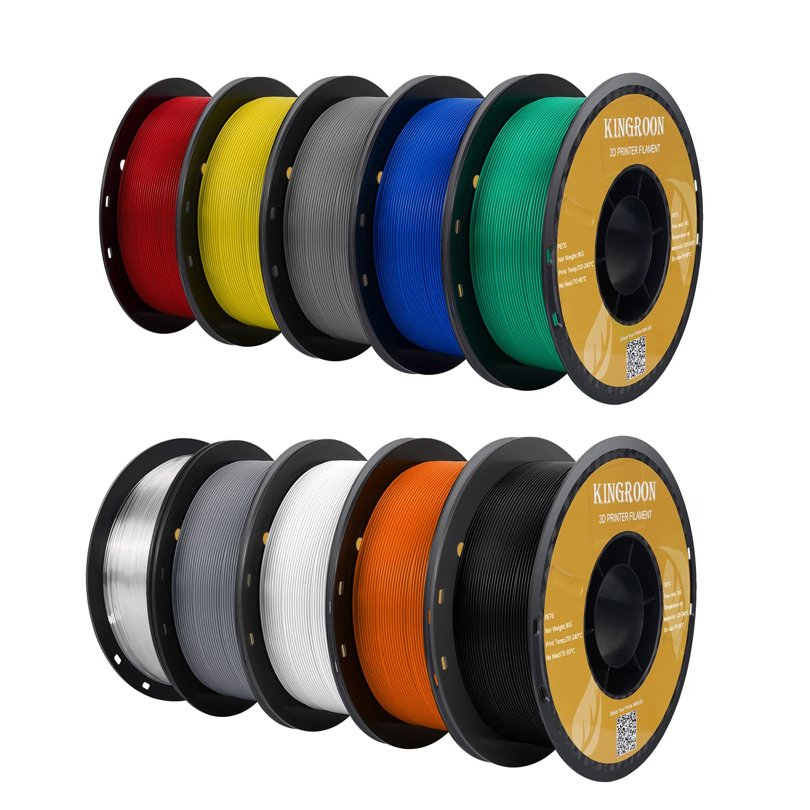 Kingroon PETG 3D Printer Filament, 10 Rolls, Dimensional Accuracy +/- 0.03 mm, 1kg Spool(2.2lbs), 1.75 mm,10KG Ten Colors Black 