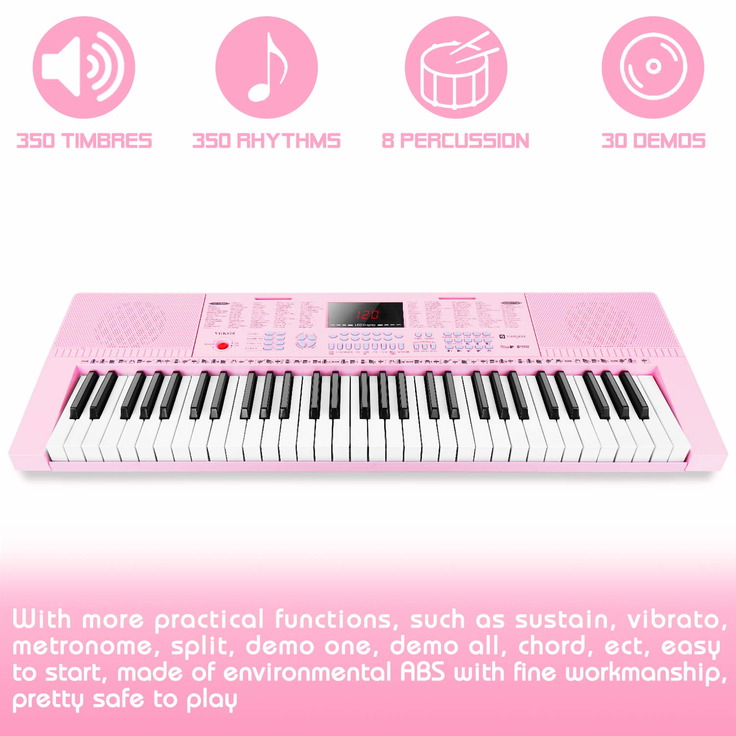Vangoa Vgk610 Piano Keyboard, 61 Mini Keys Portable Music Keyboard For Beginners With Microphone, 3 Teaching Modes, 350 Tones, 3