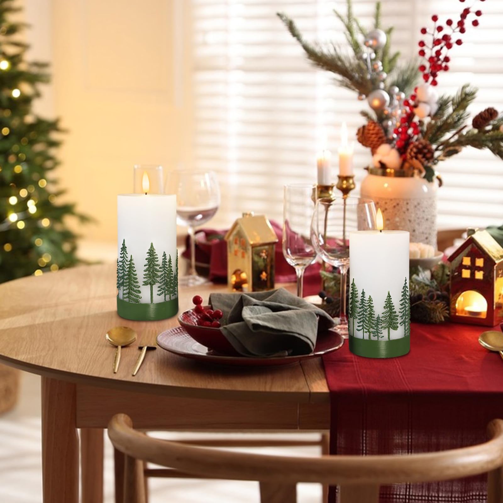 Crystal Club Christmas Tree Flameless Candles, Battery-Powered Led Pillar Candle With Remote, 3D Flickering & Real Wax Embossed