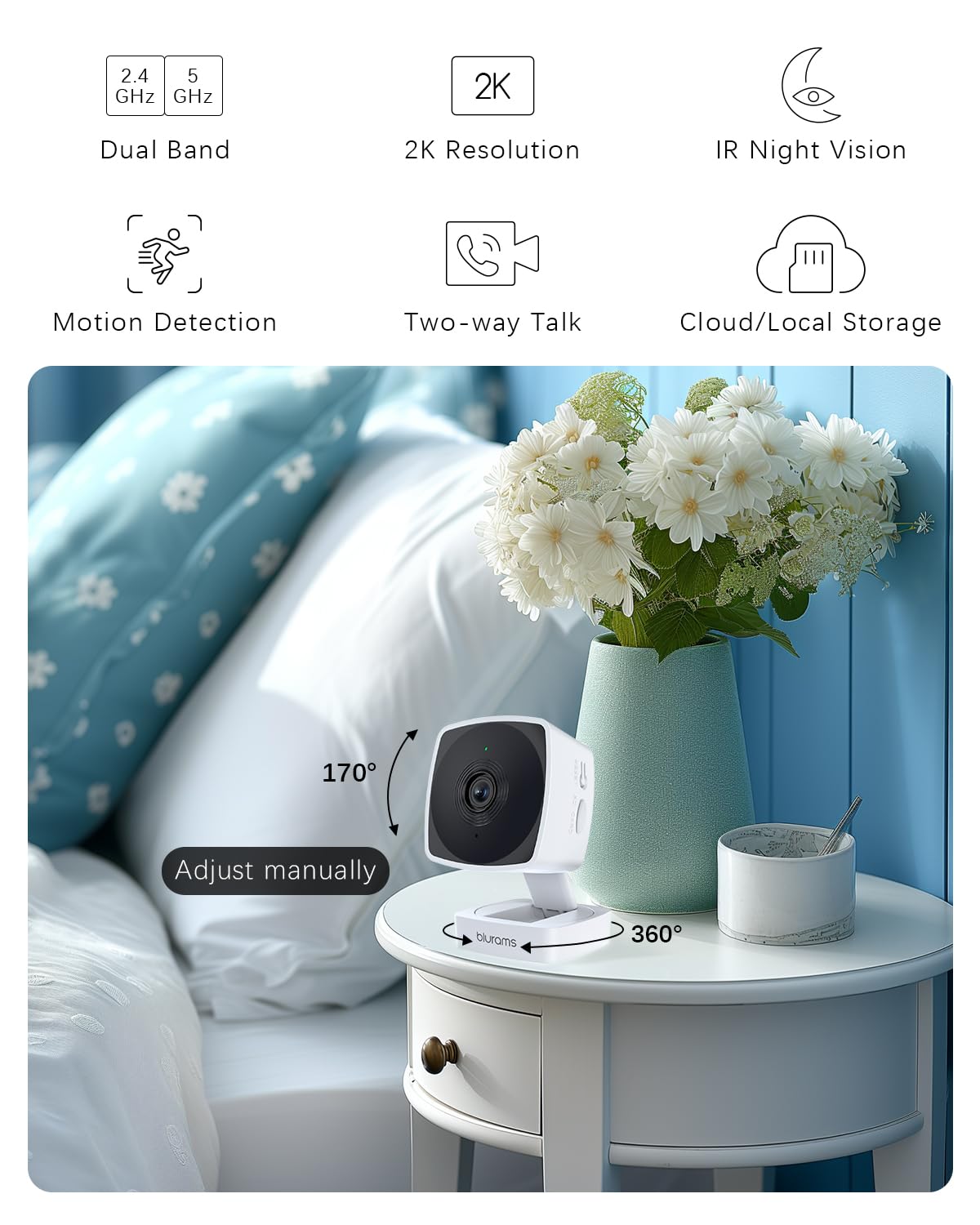 Blurams 2.4G/5G Security Camera Indoor, 2K Pet Camera Indoor With Phone App, Foldable Wifi Baby Camera W/Motion Detection, 2 Way