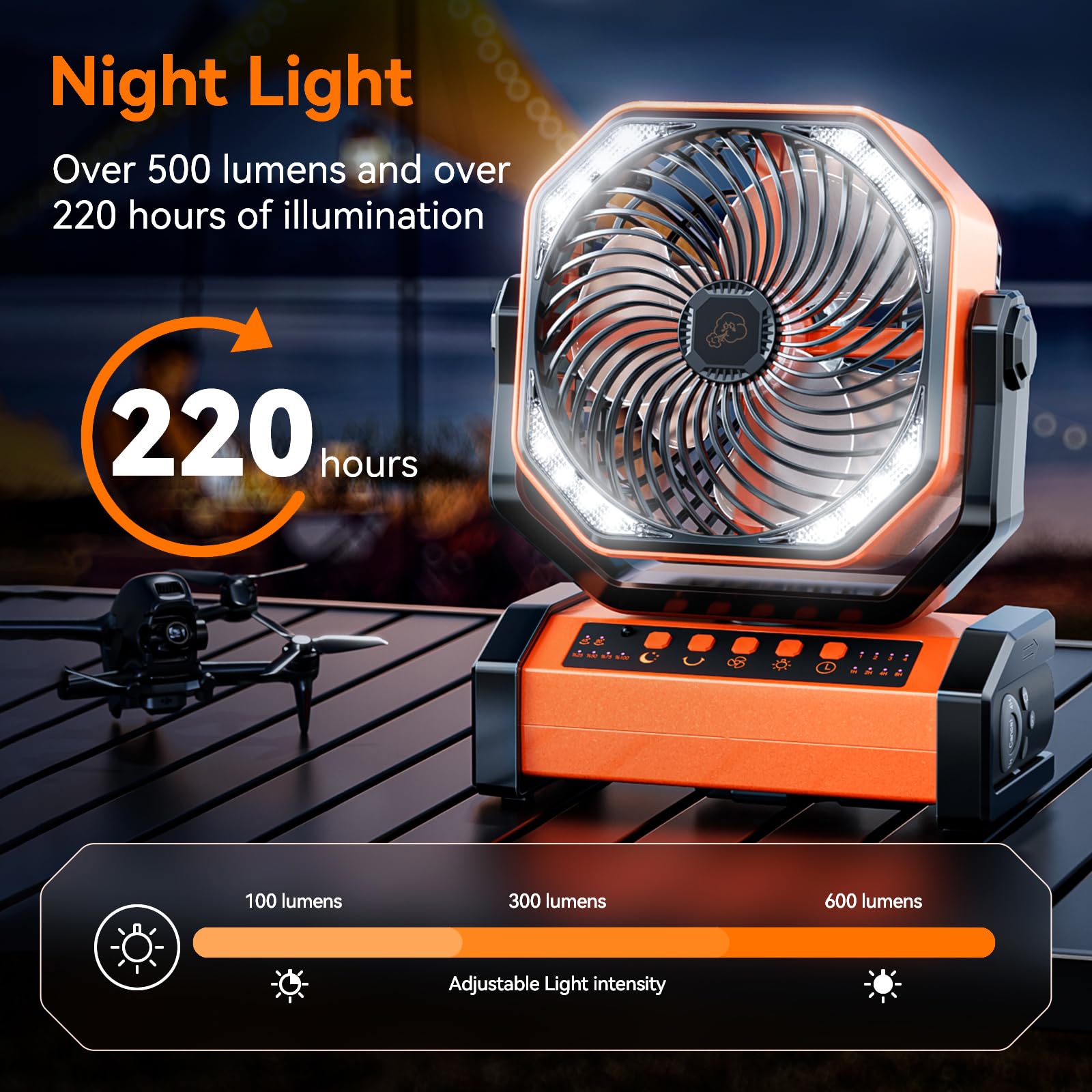 Camping Led Fan With Light, 20000Mah Rechargeable Battery Powered Outdoor Tent Fan With Light And Hook, 4 Speed, Personal Usb De