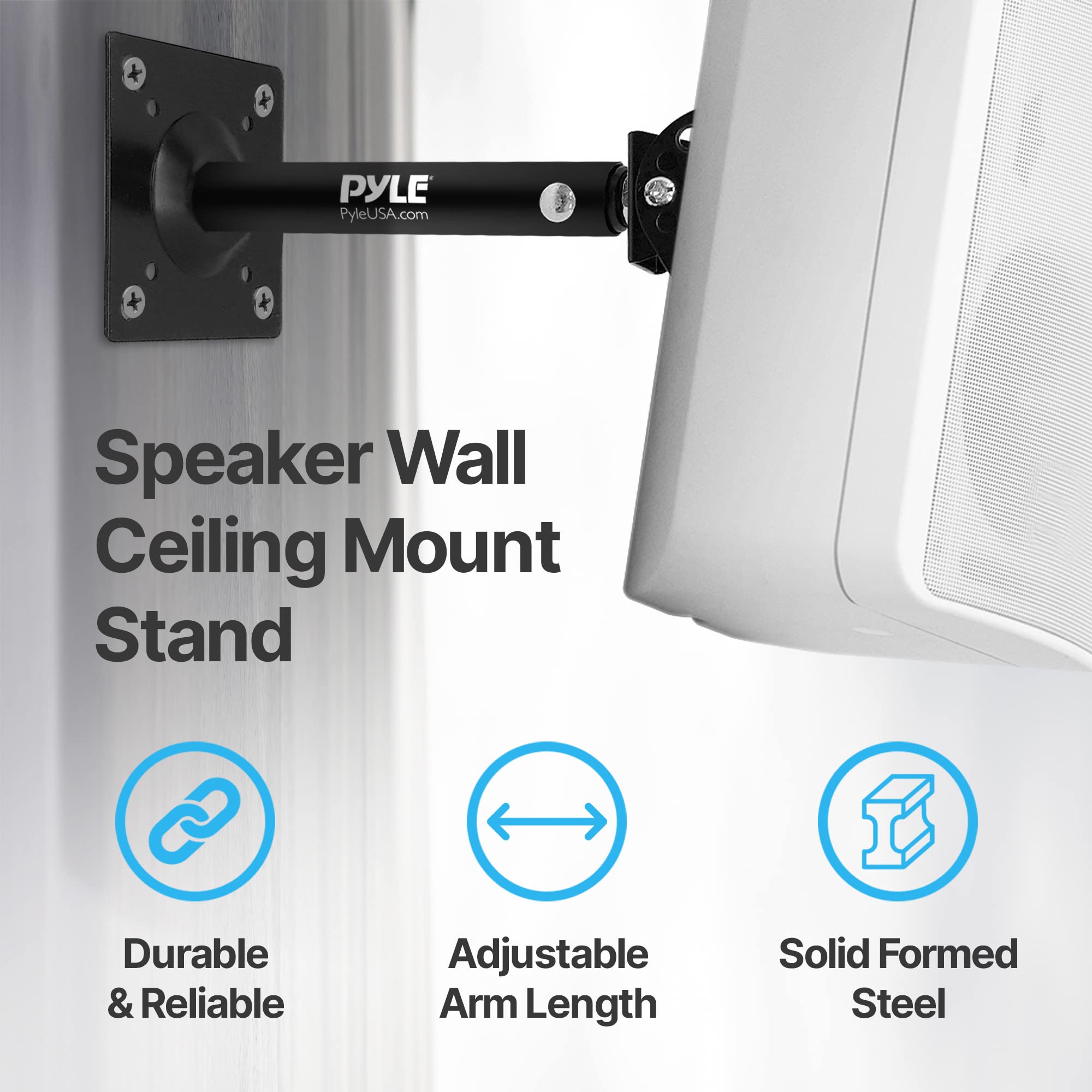 Pyle Speaker Wall Ceiling Mount Stand   Black Speaker Mounting Bracket W/ Adjustable Swivel Tilt, Retractable Telescopic Arm   H