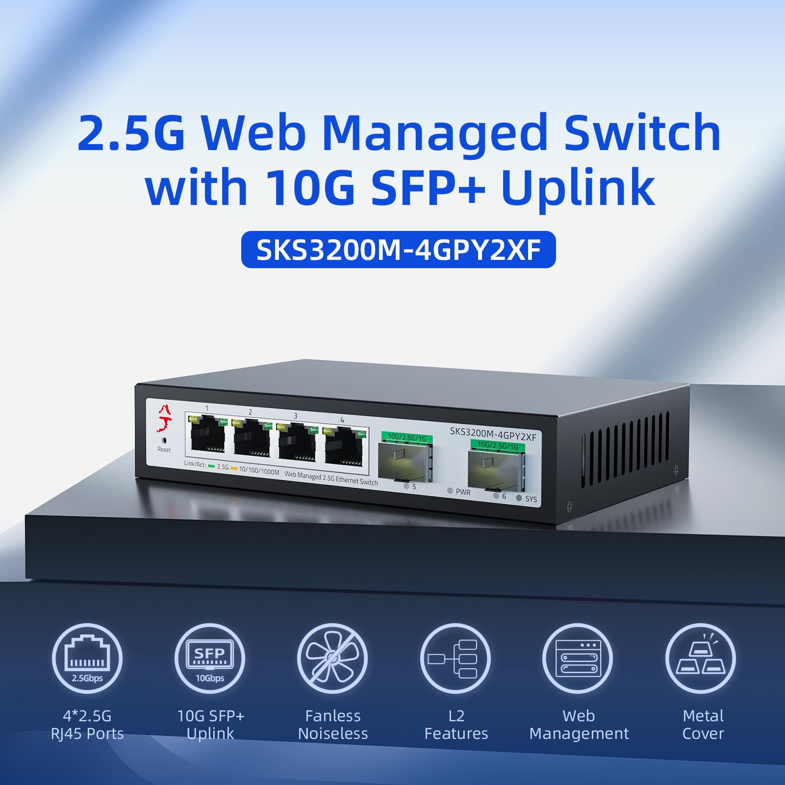 Xikestor 4 Port 2.5G Web Managed Ethernet Switch With 2X 10G Sfp+, 2.5Gb Network Homelab Switch Support Lacp/Vlan/Qos/Stp/Igmp,