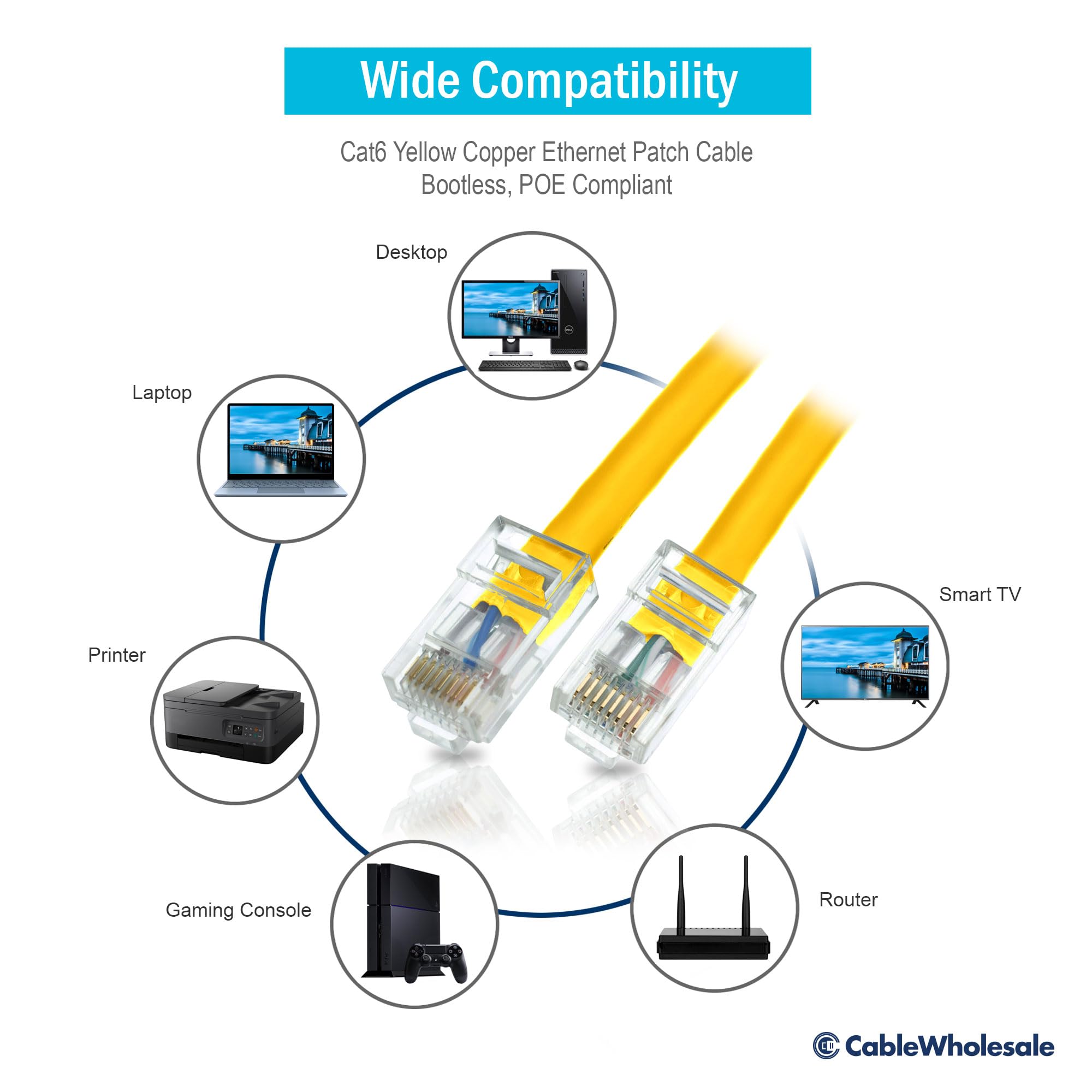 Cablewholesale 100 Foot Cat6 Yellow Ethernet Patch Cable, Bootless, 24Awg, Rj45 Gold Plate Connector, 4 Pair Stranded Copper, Un