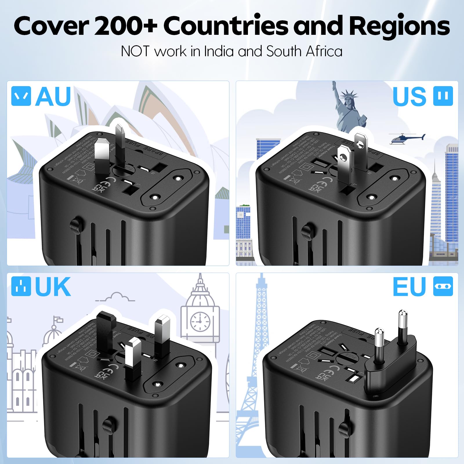 Jmfone International Travel Adapter 2 Usb C & 2 Usb A Ports And Multi Ac Sockets,Universal Power Adapter Worldwide All In One Hi