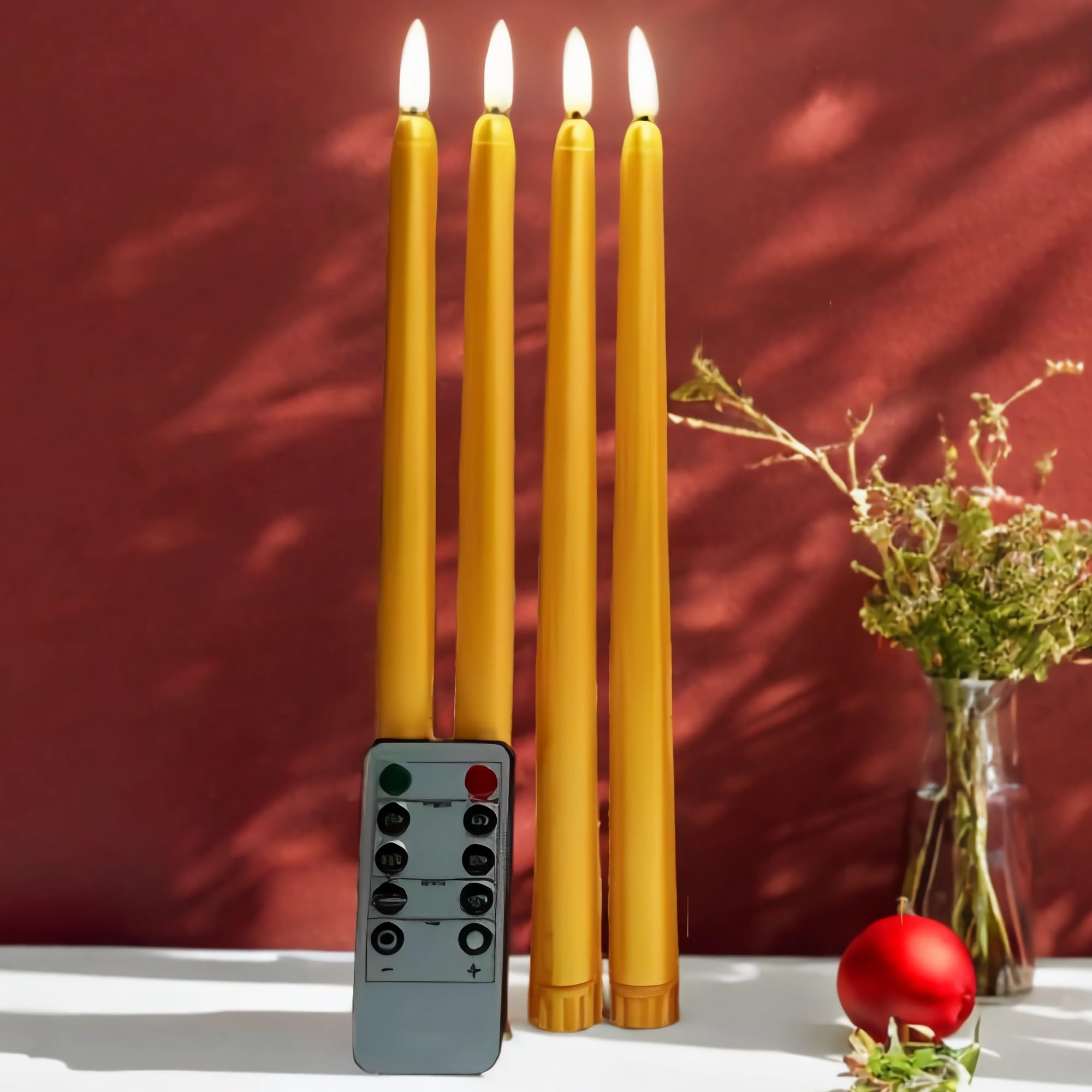 Ni Jasw Gold Flameless Taper Candles With Remote, Flickering Battery Powered Led Candlesticks Set Of 4
