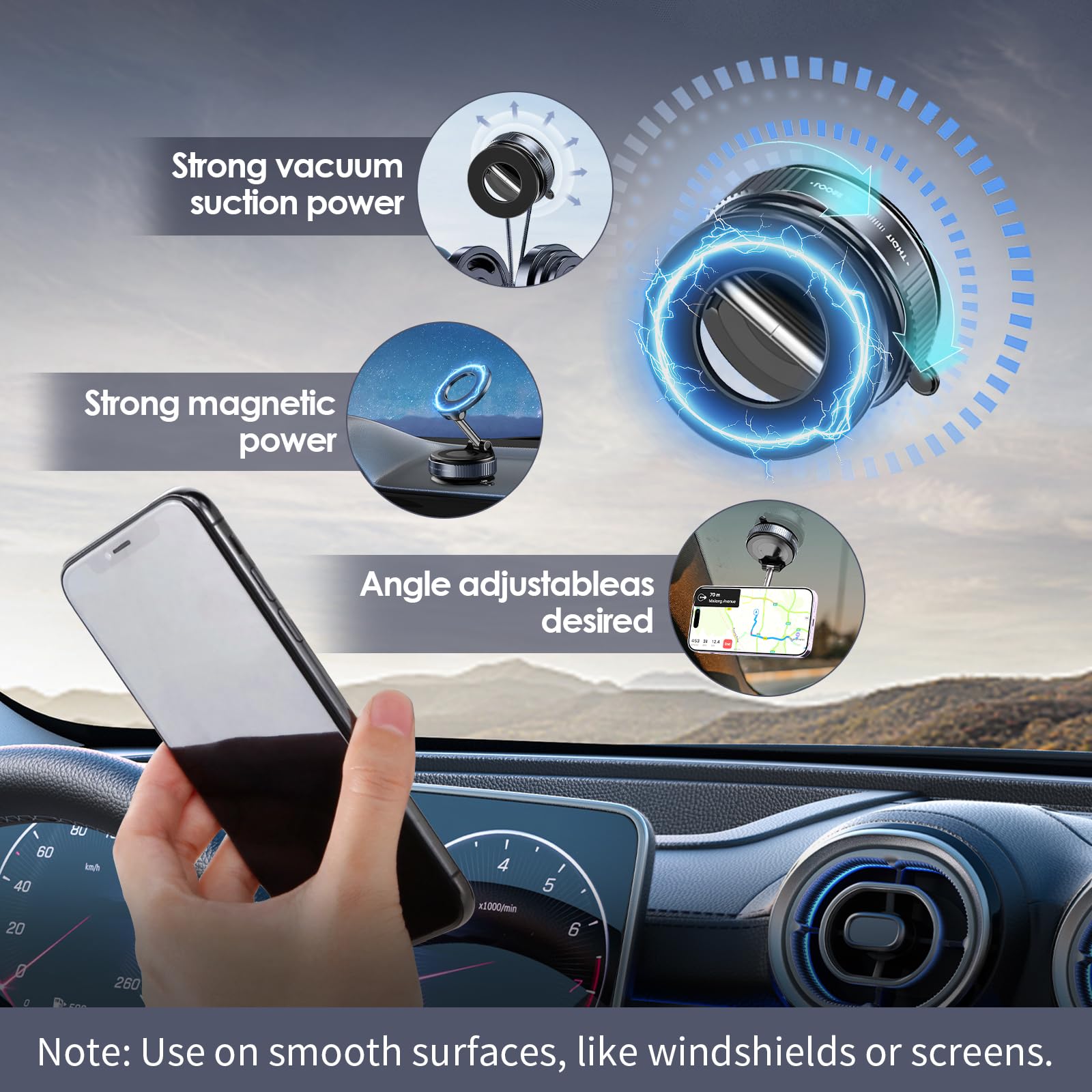 Magnetic Phone Mount 360 Rotatable Suction Holder, Magsafe Compatible For Iphone & Android Devices. Suited For Applications In C