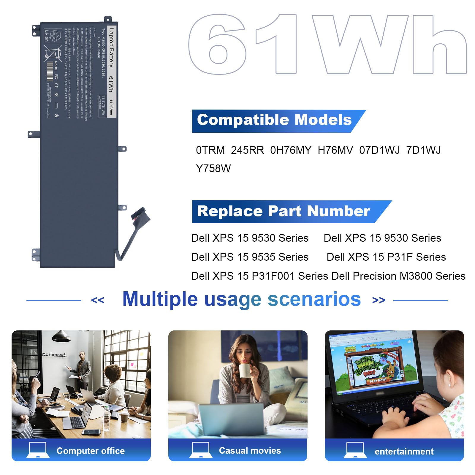 Replacement Laptop Battery For Dell Xps Xps 15 9530 (Bb8Flv1) 9535 P31F001 Precision M3800 15D 3728 15D 3828 15D 4528 4721 4723