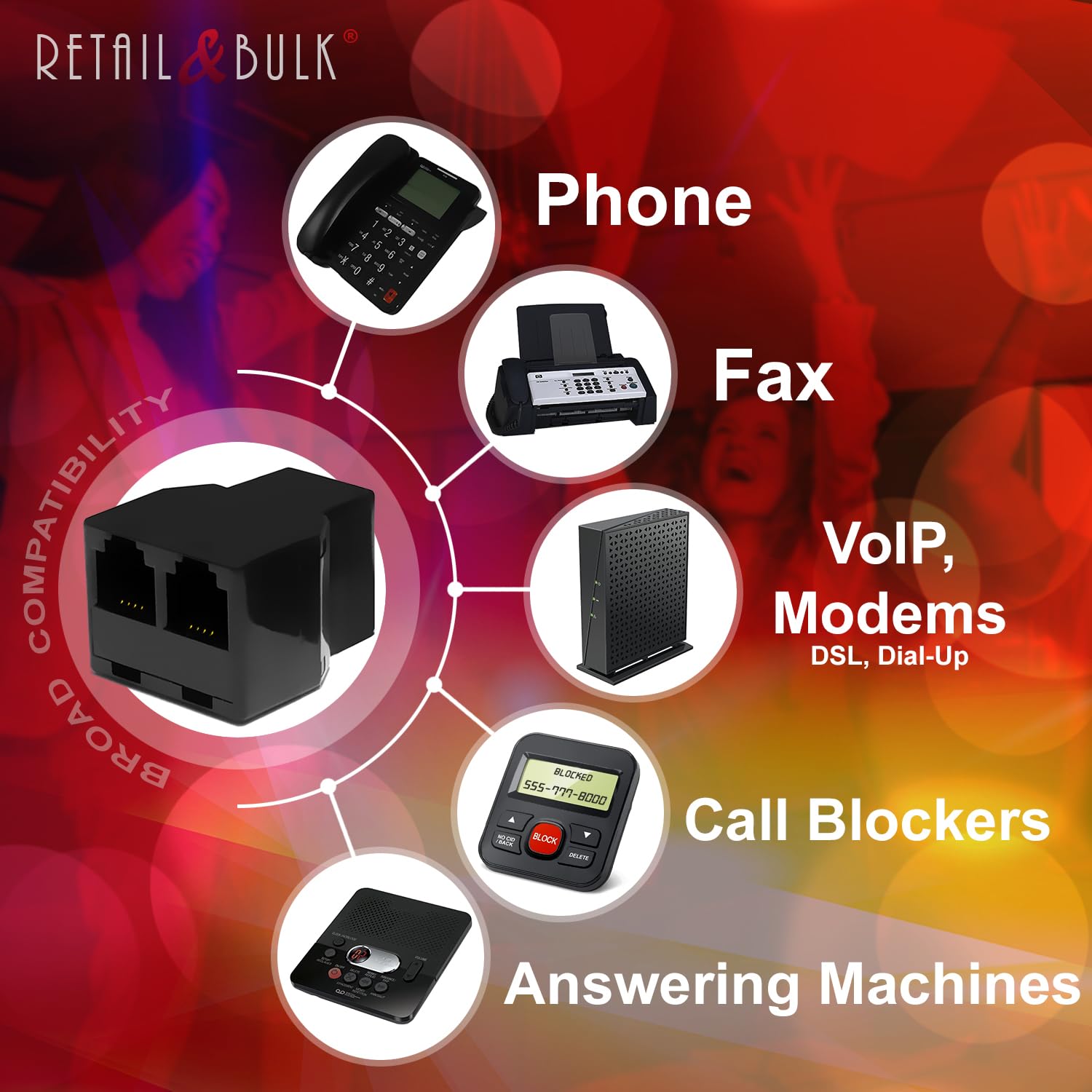 Retailandbulk Phone Jack Splitter For Landline Telephone Rj11 6P4C 2 Way In Line Or In Wall Duplex Adapter (1 Splitter + 2.5 Inch Cable) Made In Usa